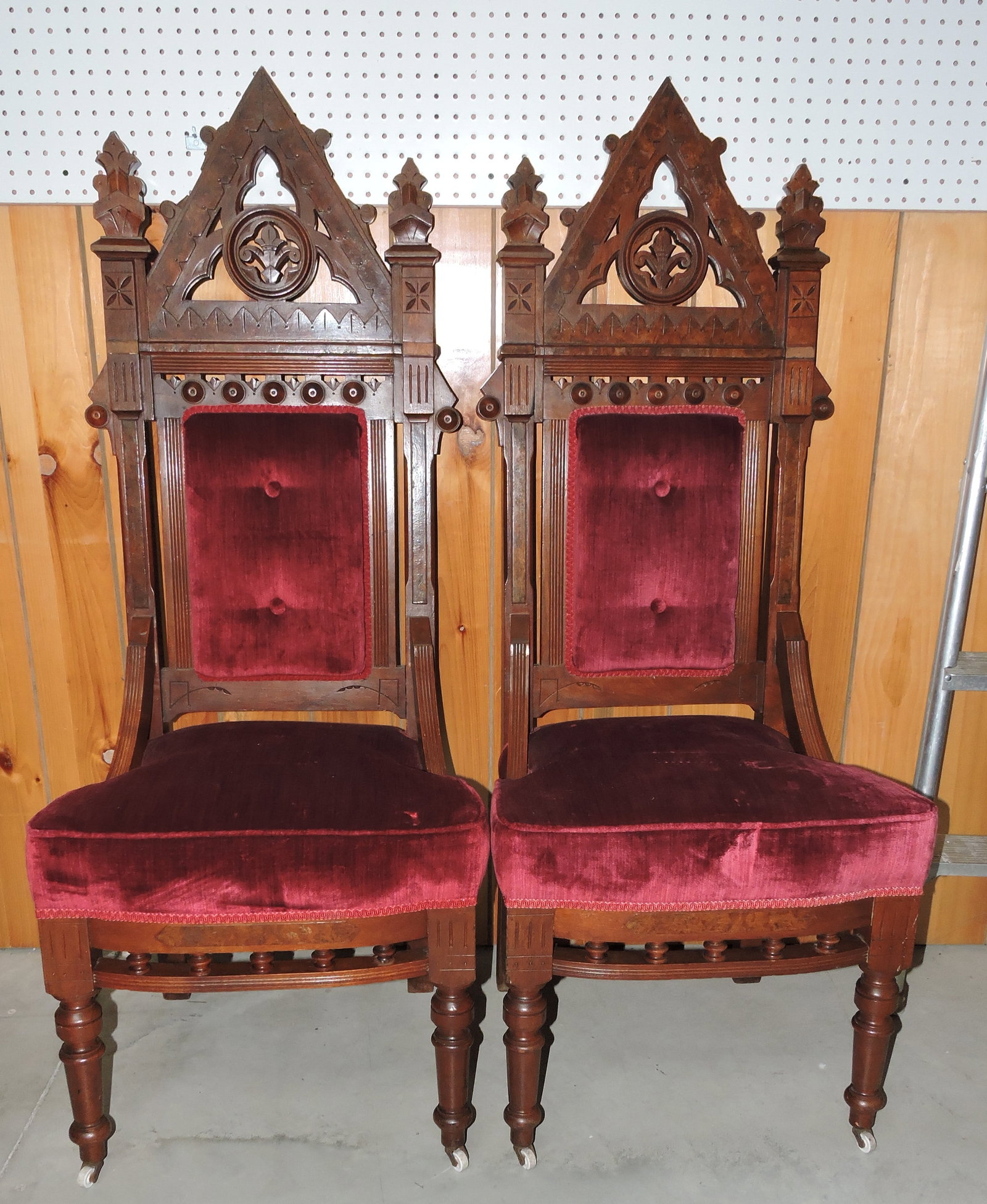 Walnut Gothic pair of chairs, 55"h: .