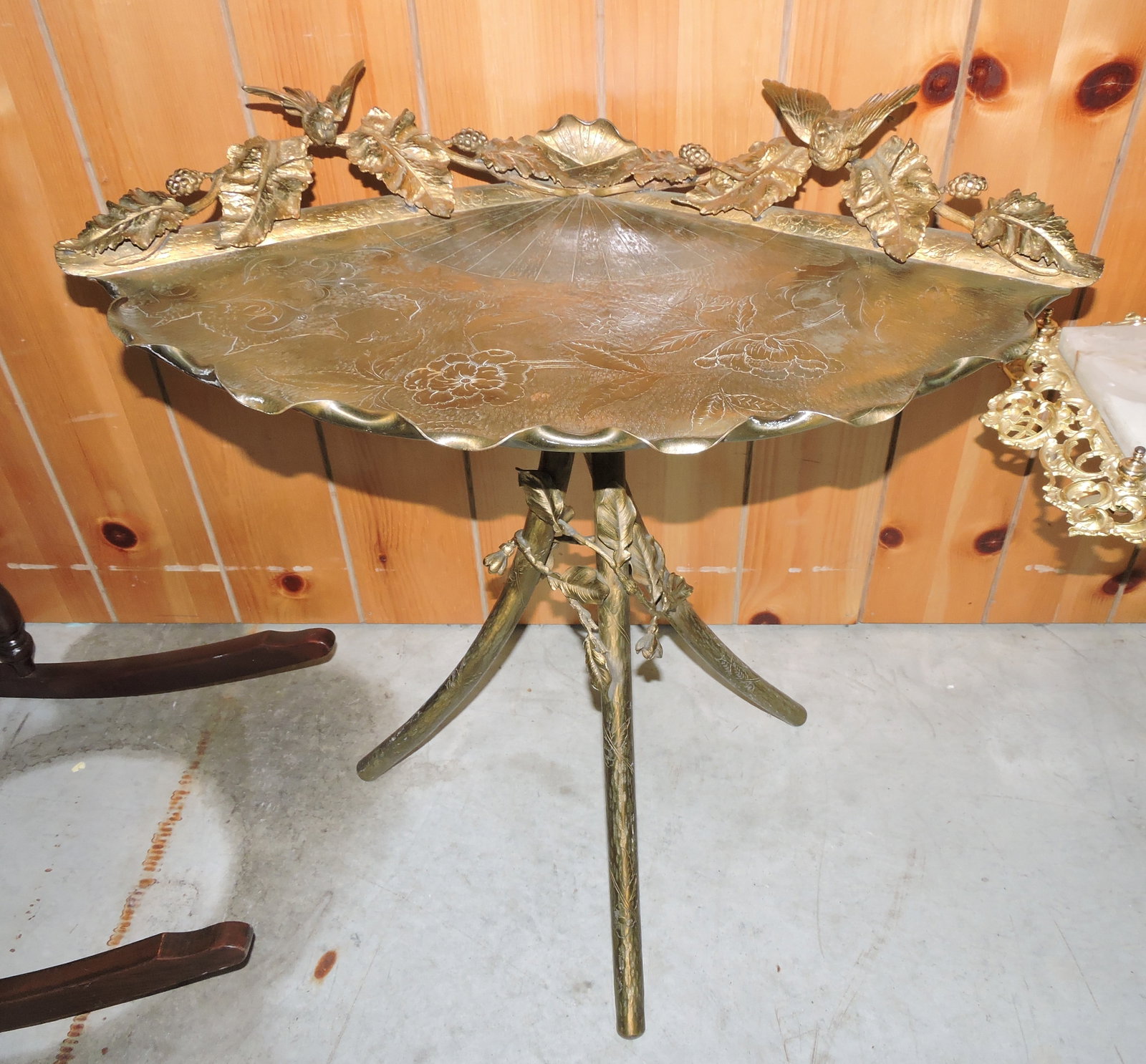 Brass Oriental table, fan shaped top with: birds, 26"h, 29"w