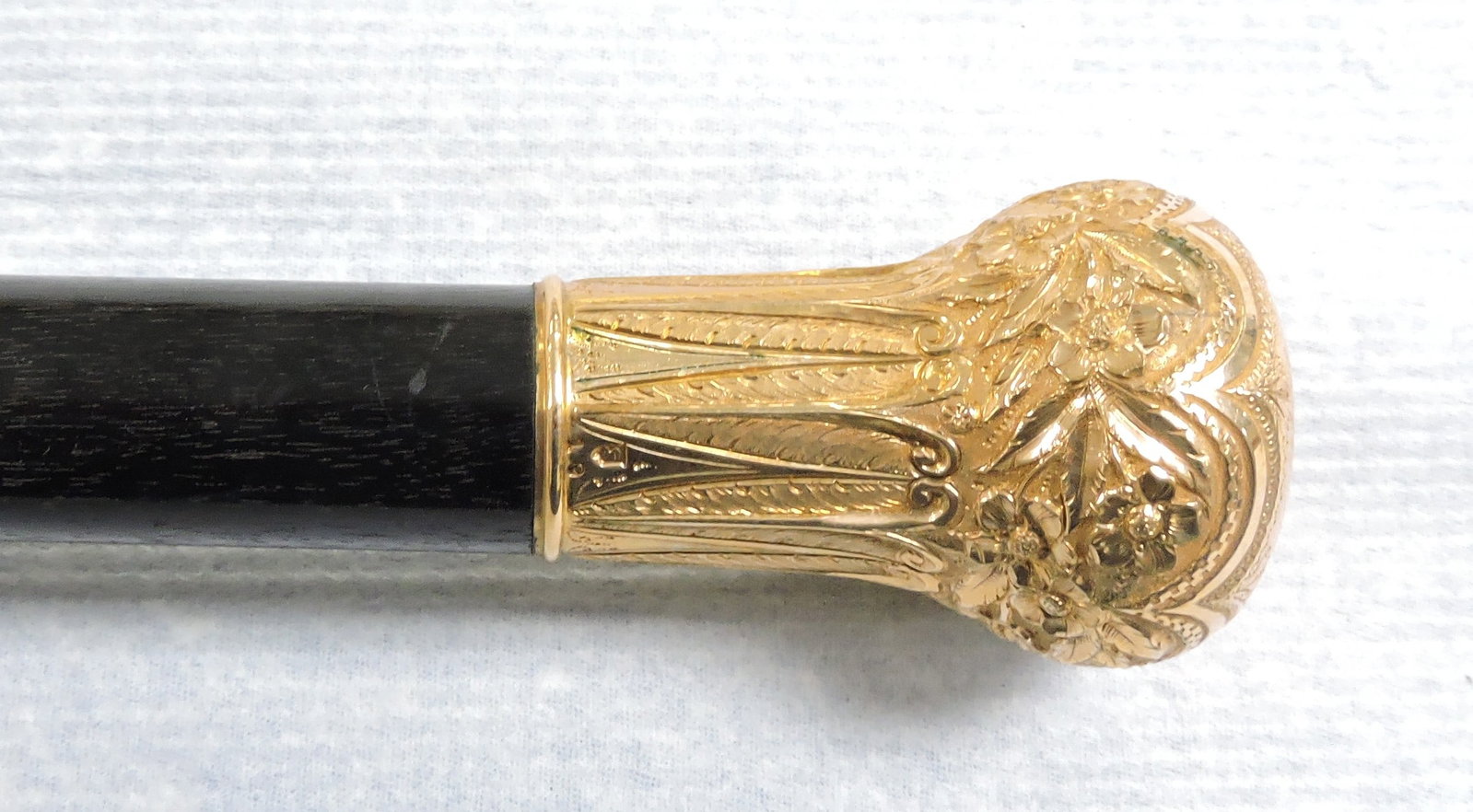 Walking stick/cane, black with gold filled: top, 36 1/2"