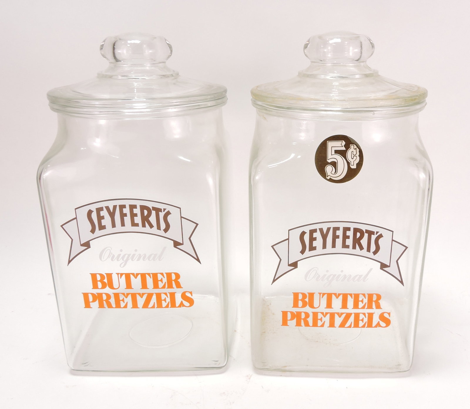 Lot of 2 Seyfert's Butter Pretzel jars: .