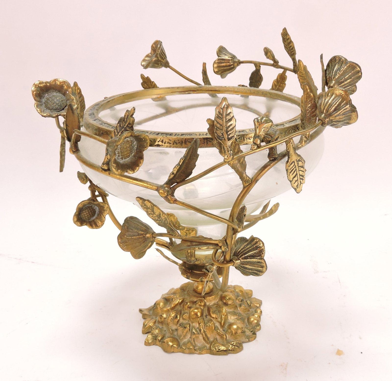 Clear and frosted glass vase mounted: in ornate brass floral base, 8 1/2"
