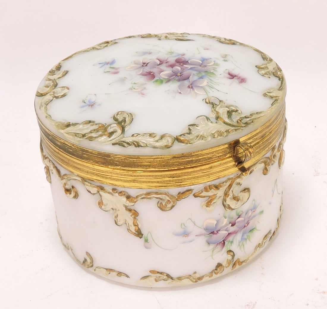 Satin glass floral enamel dresser jar,: 6"d