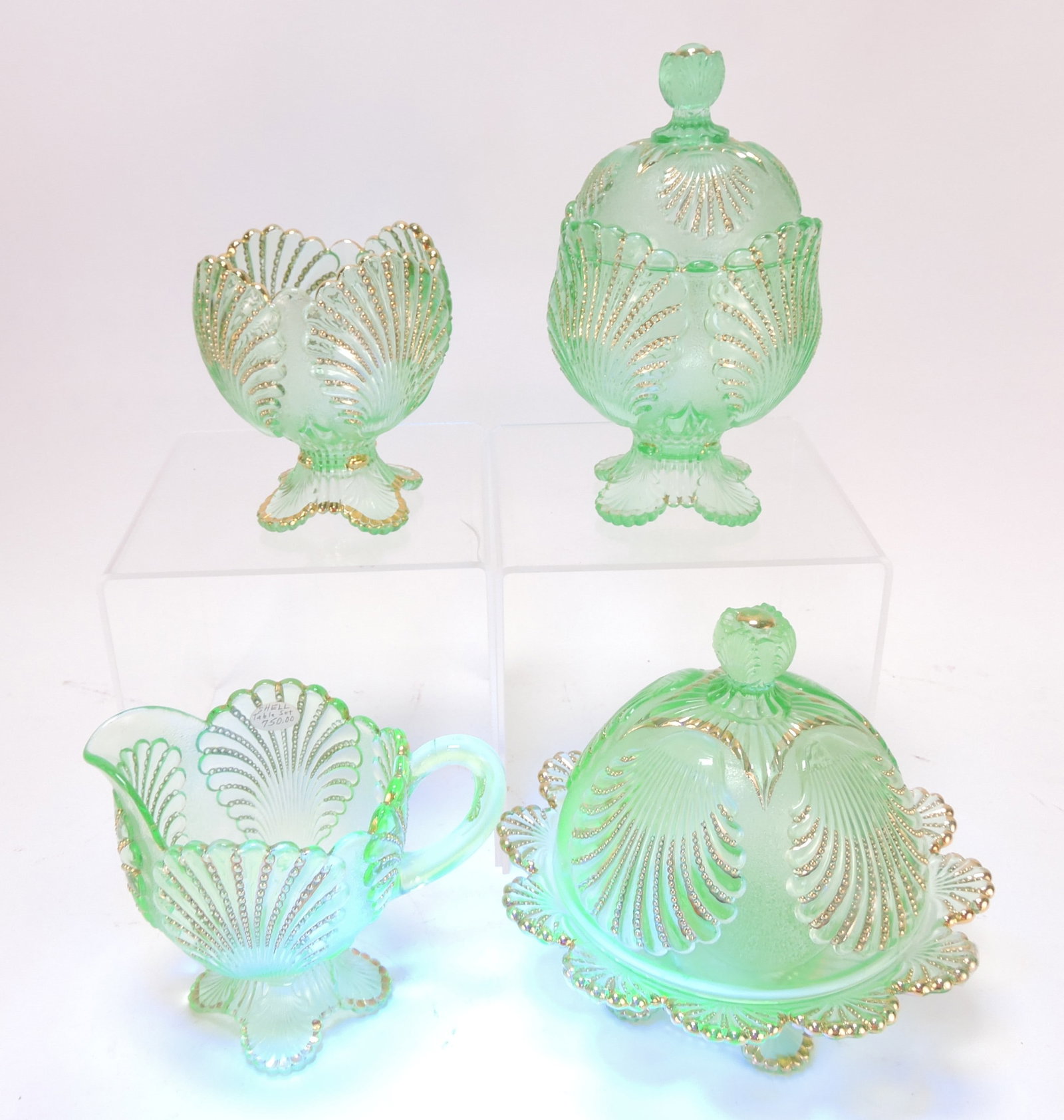 Uranium glass beaded shell 4 pc: table set, minor nick to lid rim of sugar