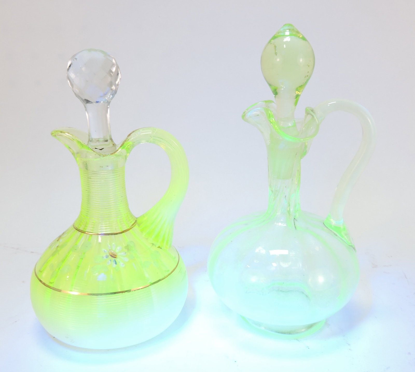 Vaseline uranium glass lot of 2 cruets,: 7"