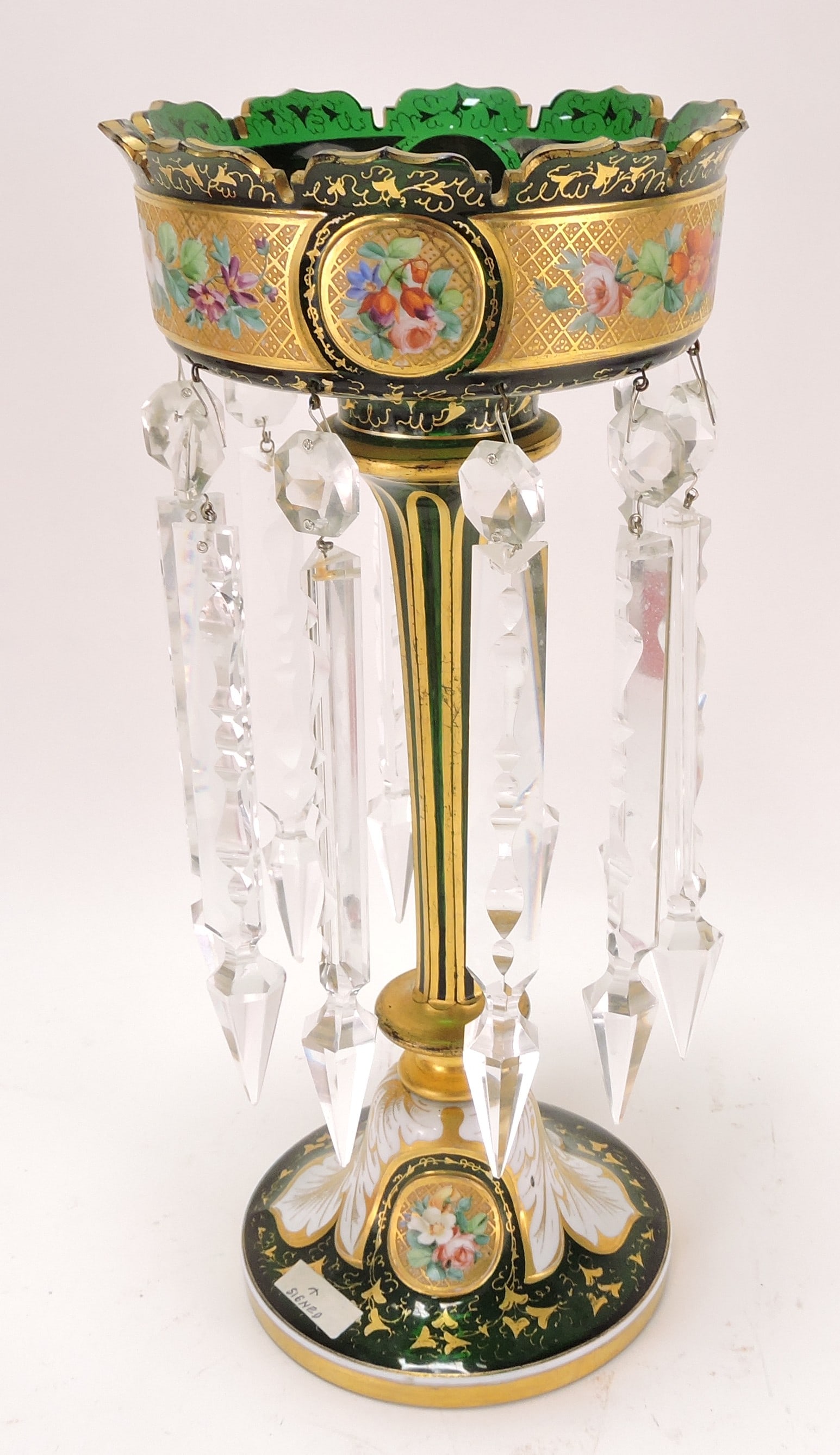 Moser emerald green candle luster: with prisms, heavy gold and floral enamel, 14"