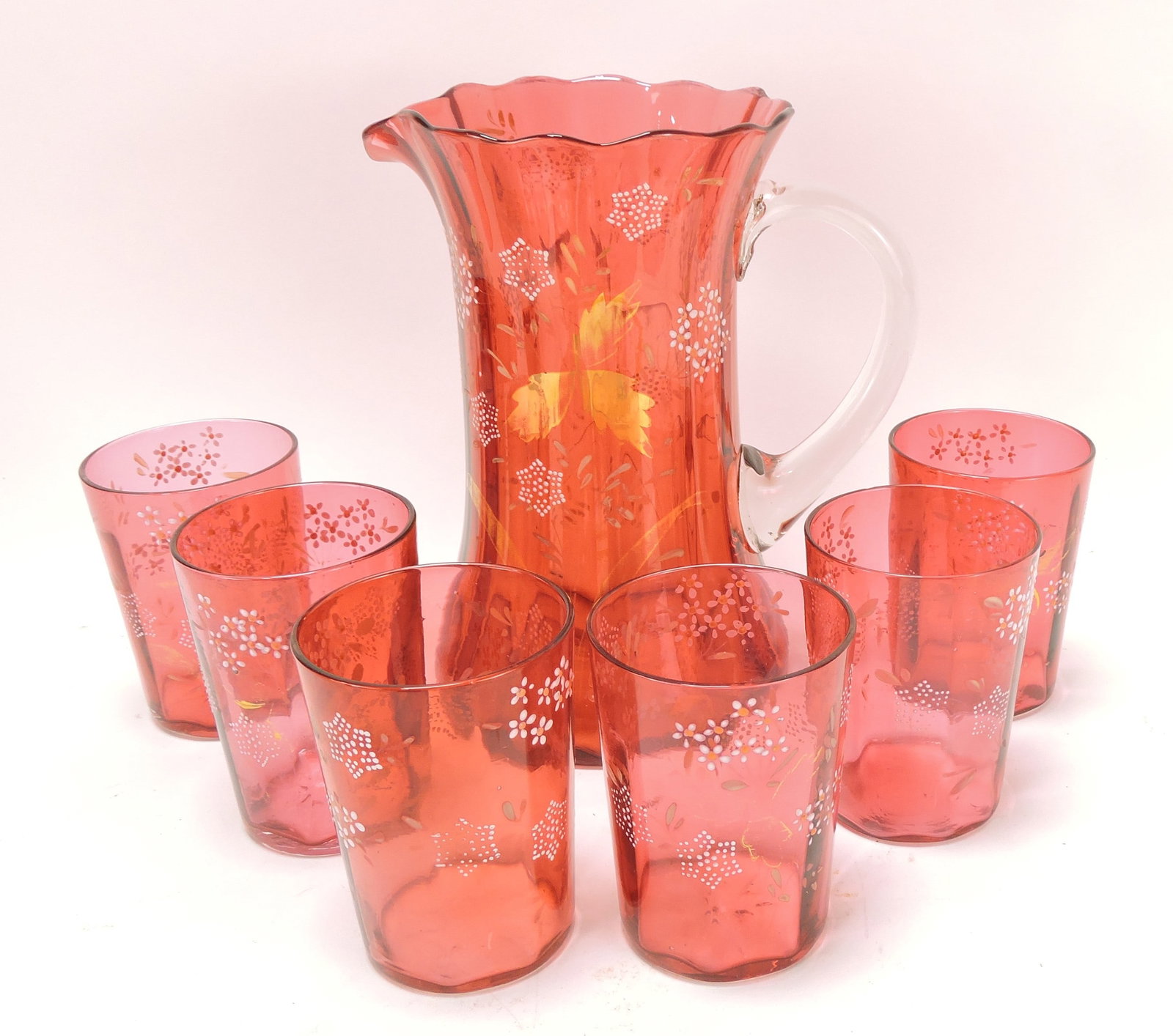 Cranberry floral enamel 7 pc water set,: pitcher 8 1/2"