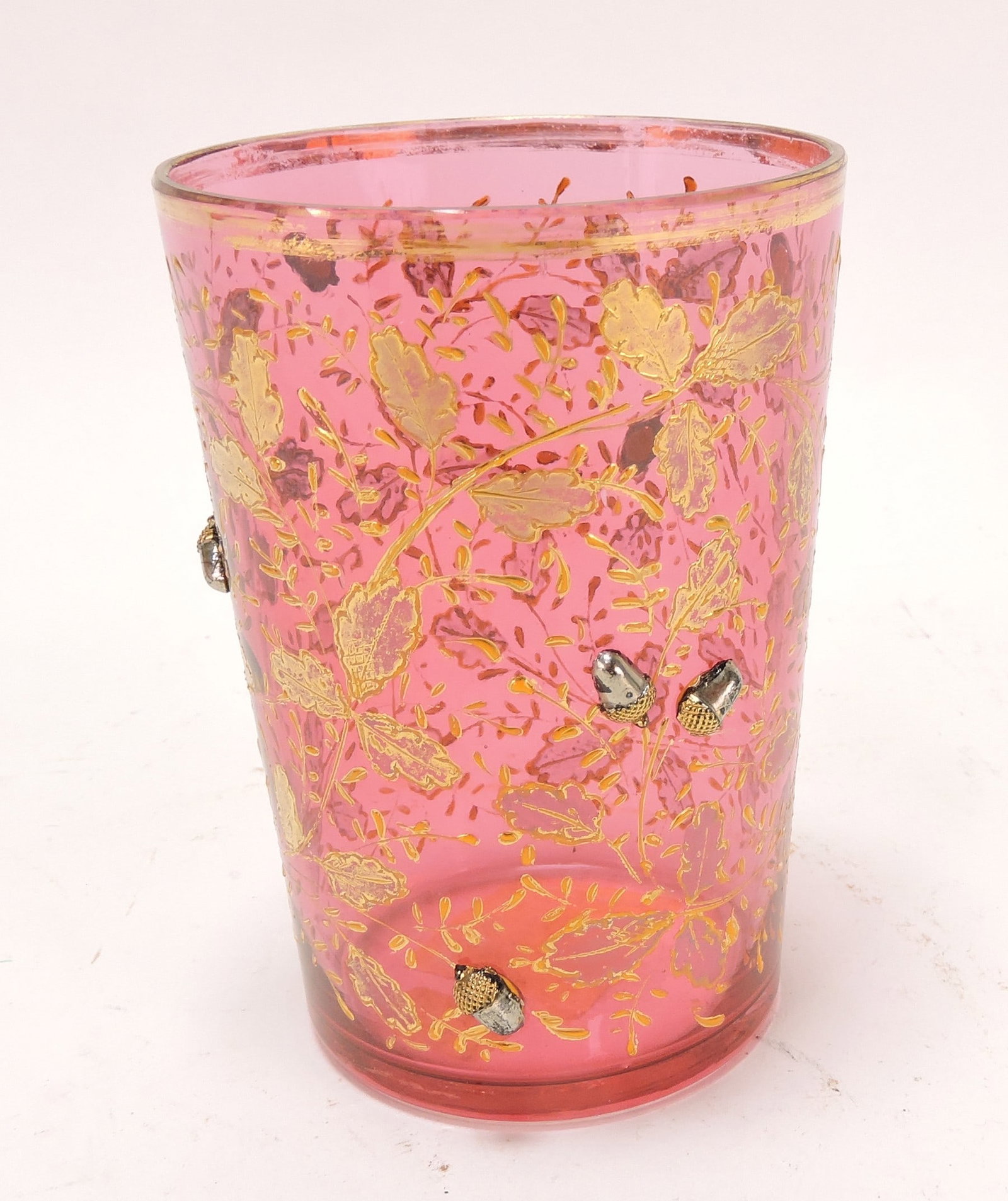 Moser cranberry enameled tumbler: with applied gold/silver applied acorns, 4"