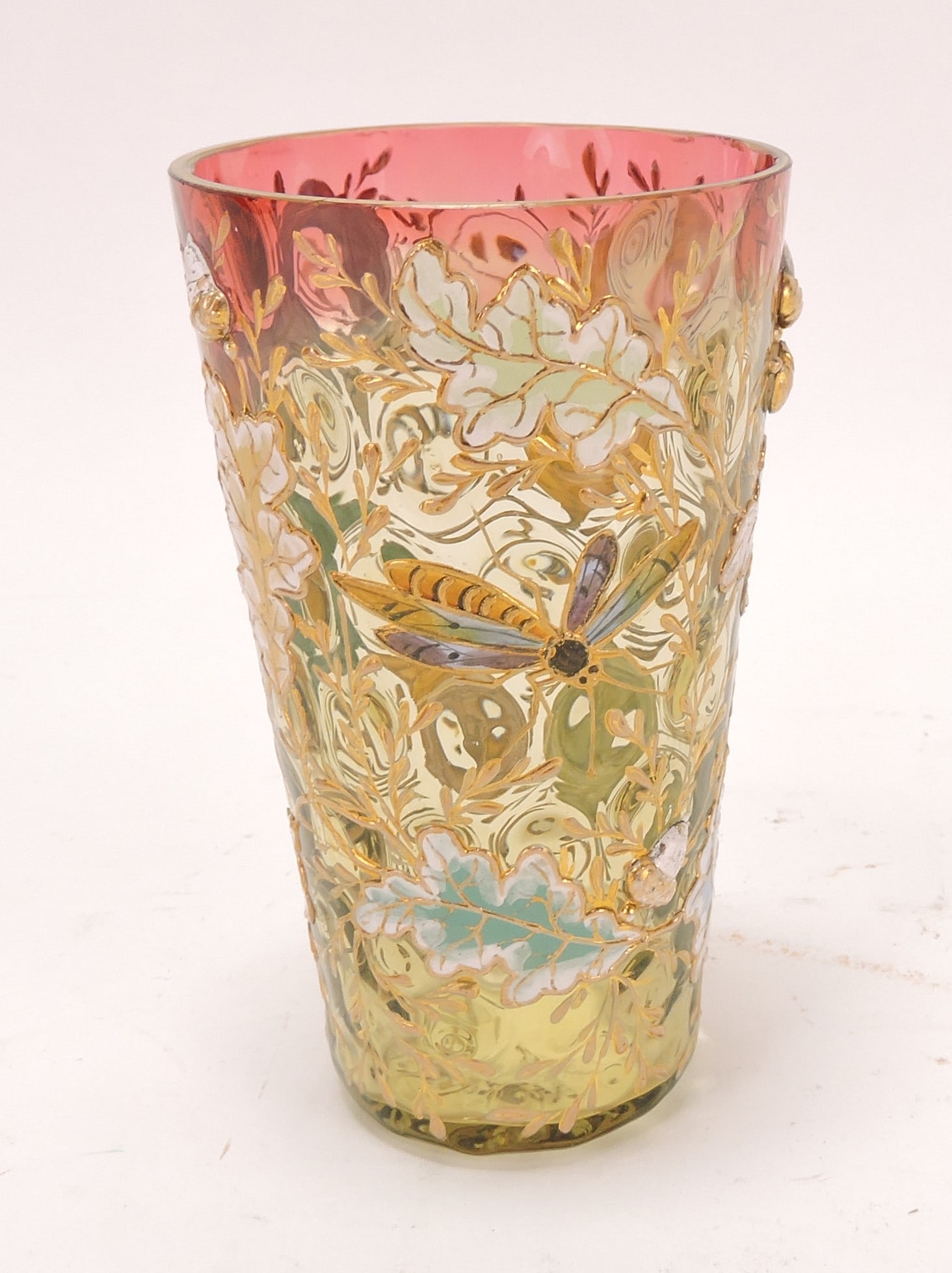 Moser amberina tumbler with enameled: dragonfly, oak leaves, and applied acorns, 4"
