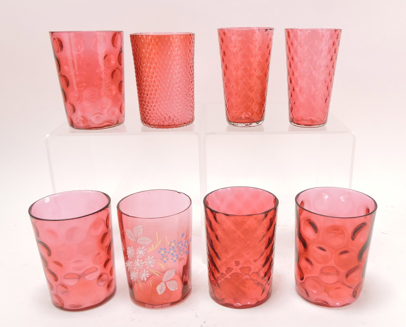 Cranberry lot of 8 tumblers, various: condition