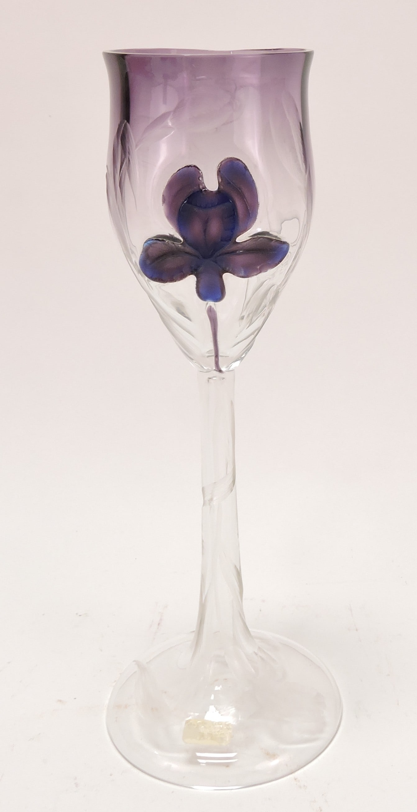 Amethyst/clear wine goblet with iris,: 9"