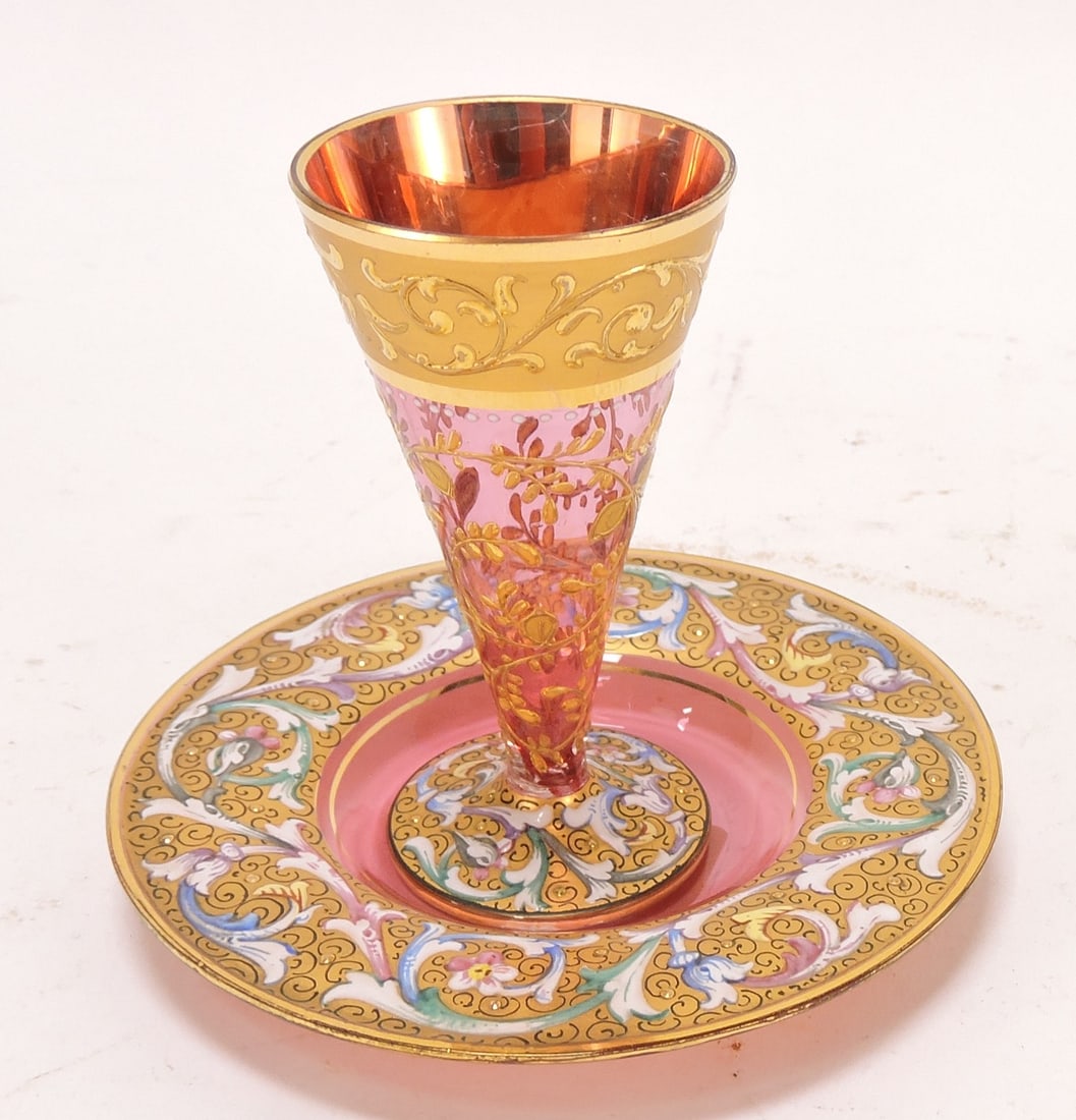 Moser cranberry enameled cordial and: tray, 2 3/4"