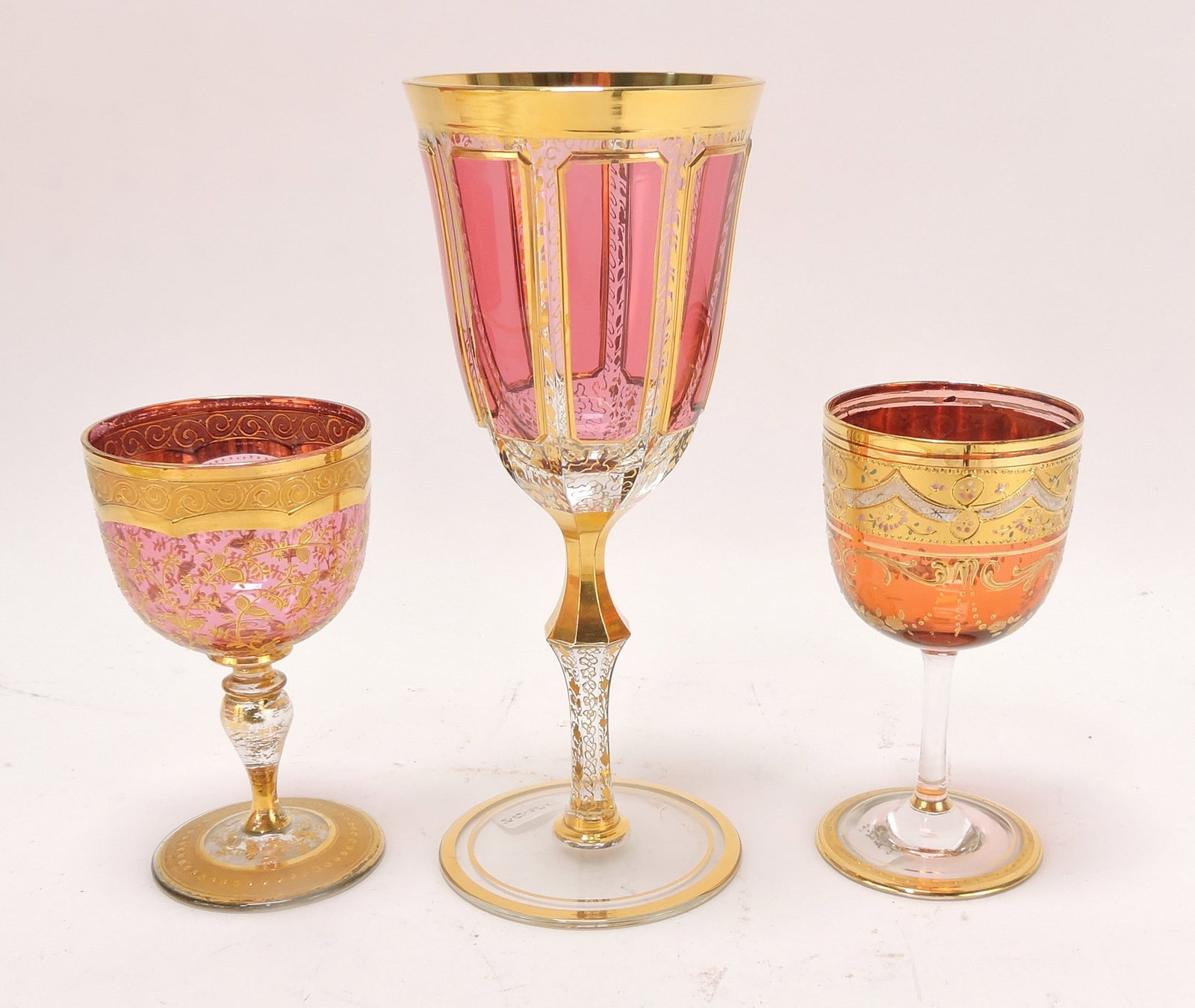 Moser cranberry lot of 3 wine goblets,: 4 1/2" to 8"