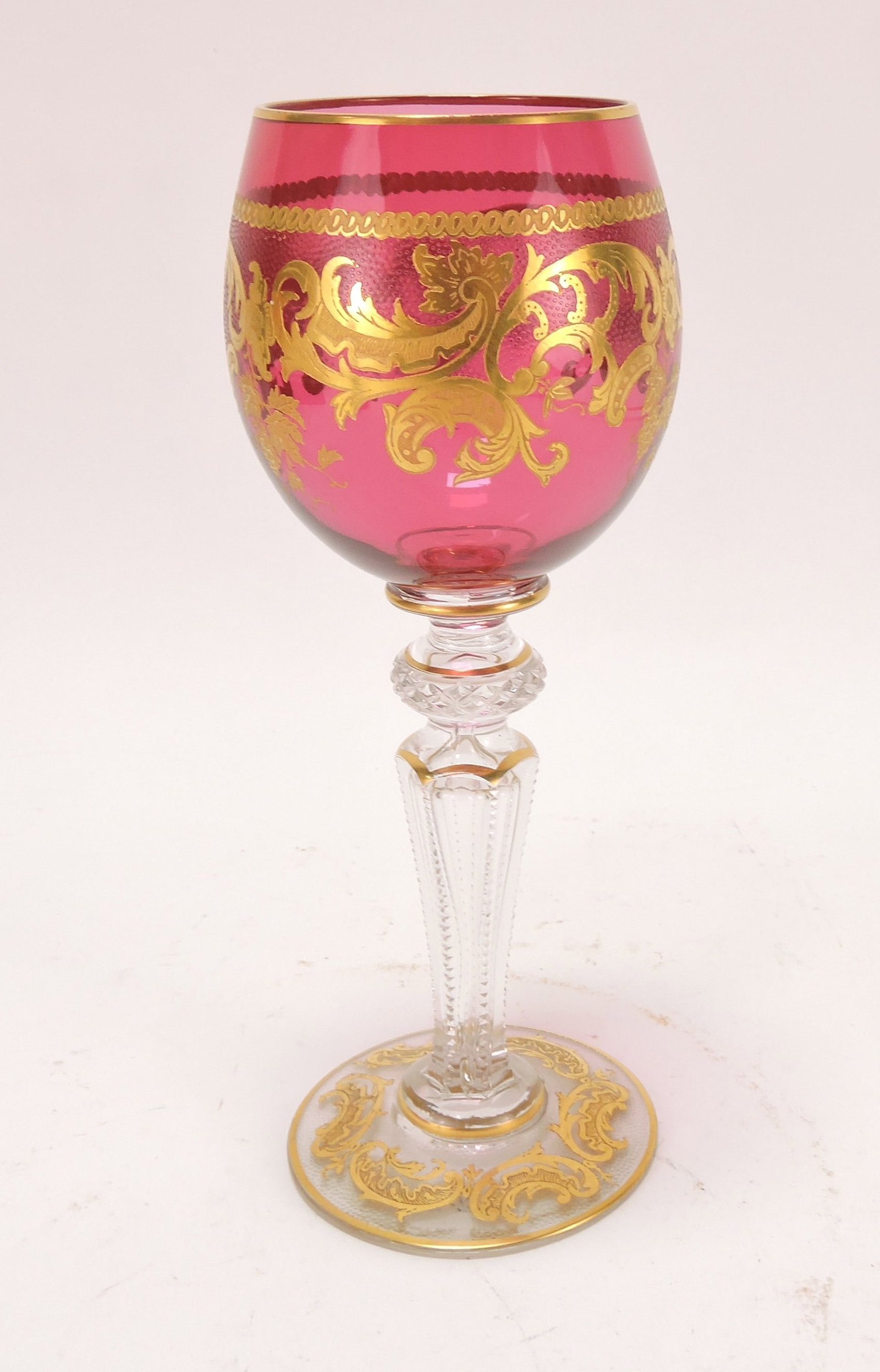 Moser cranberry enameled wine goblet,: 7 1/4"