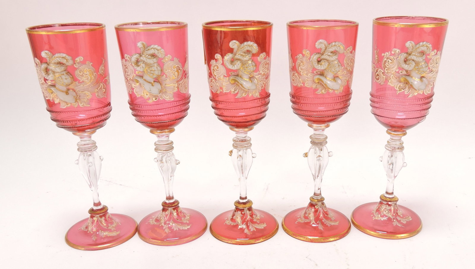 Moser cranberry set of 5 wine goblets (1 of 3)