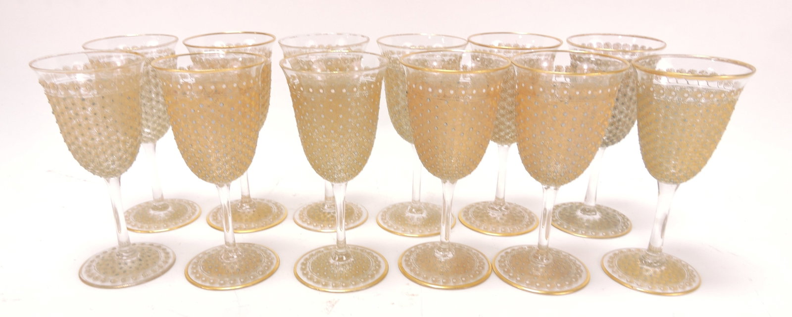 Moser set of 12 - 4 3/4" wine goblets,: gold gilting with turquoise beaded motif, nick to foot rim of one