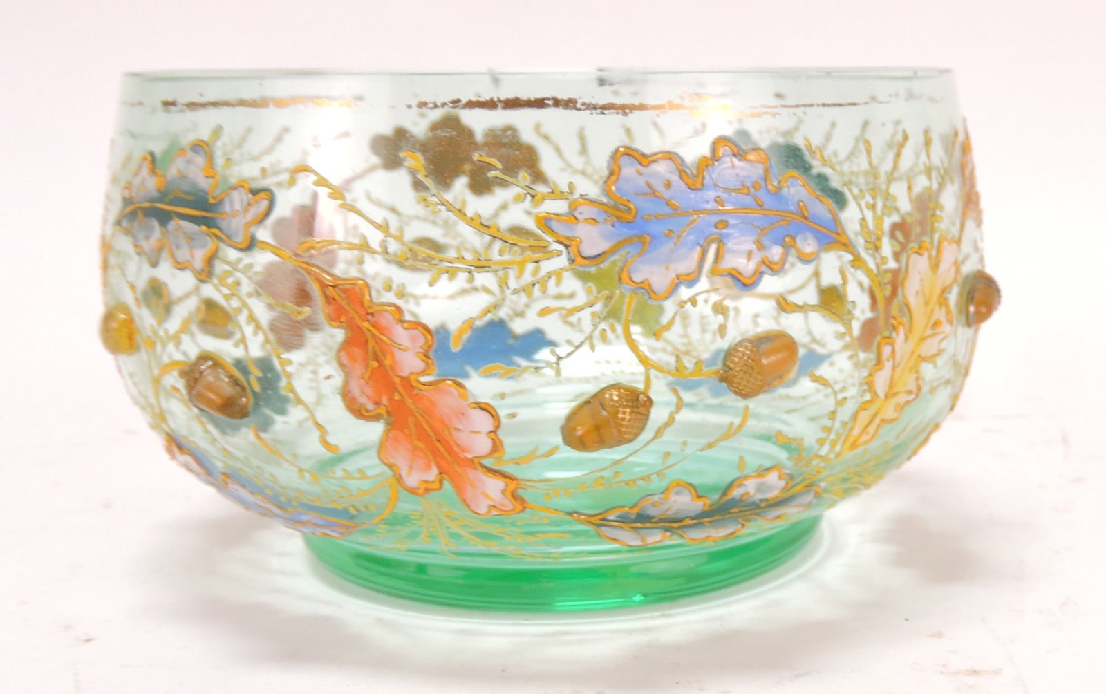 Moser green finger bowl with enameled: oak leaves and applied acorns, 4 1/4"d