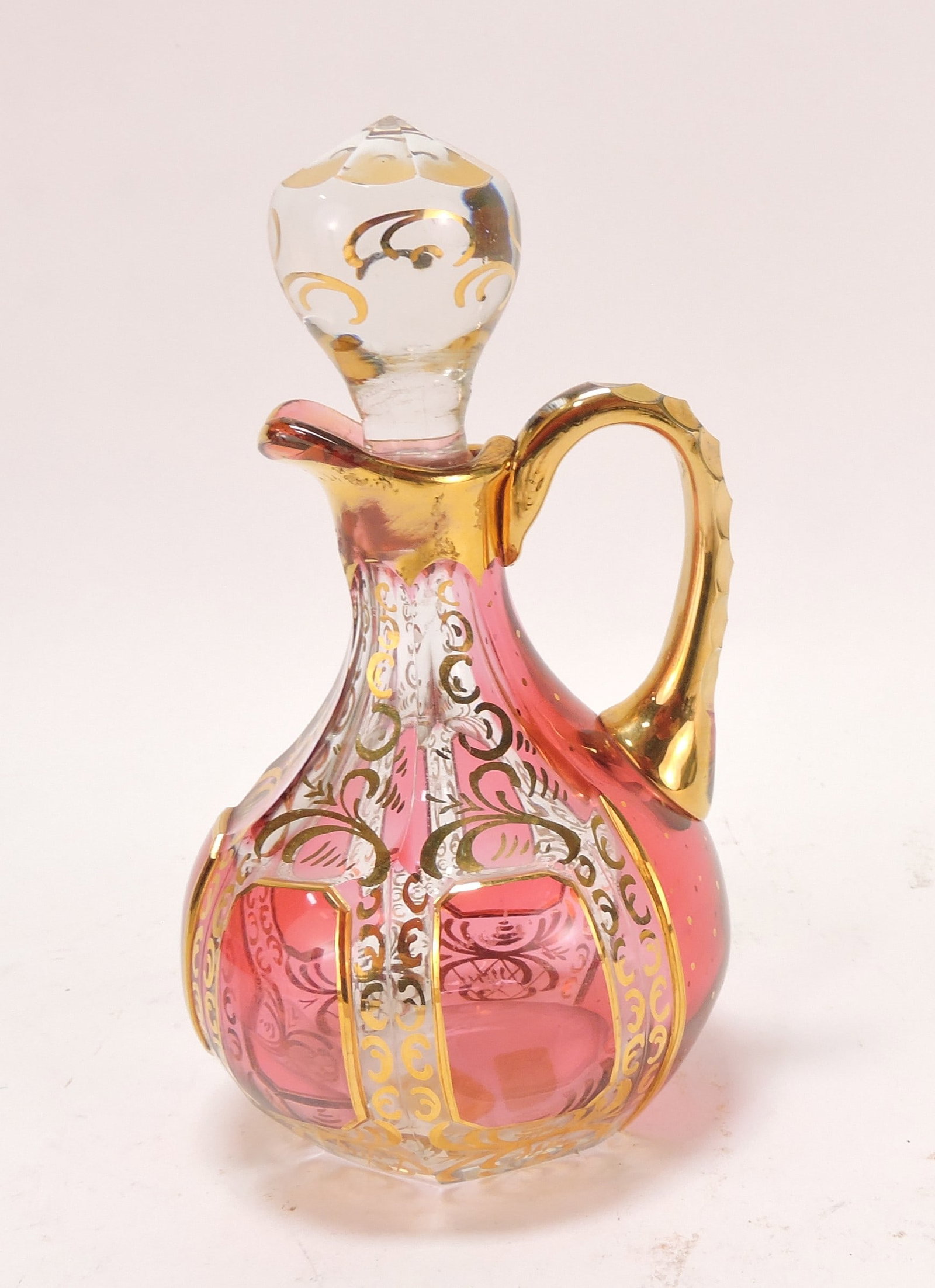 Moser cranberry cruet with gold, 6 1/2": .
