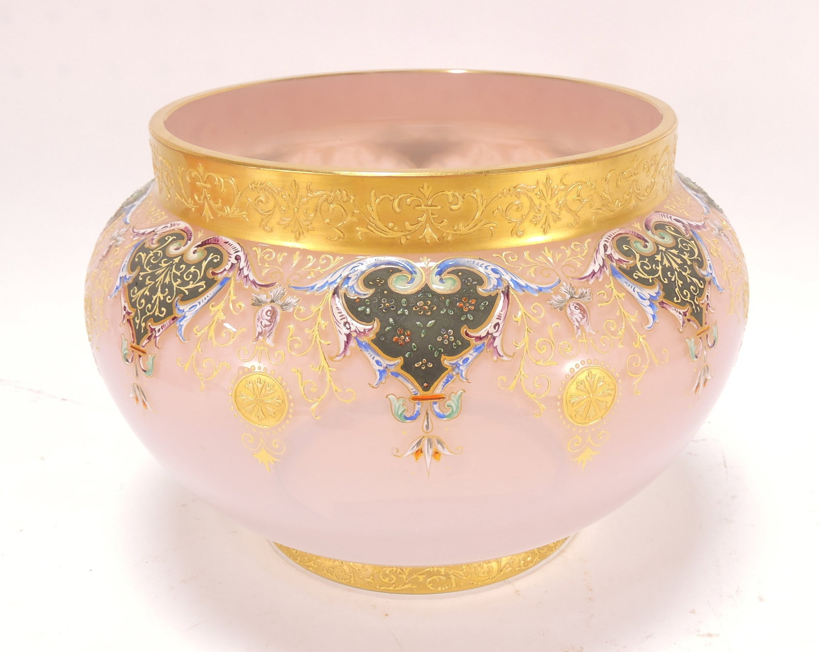 Moser cranberry opalescent bowl: with exceptional enamel and gold decor, 6"h