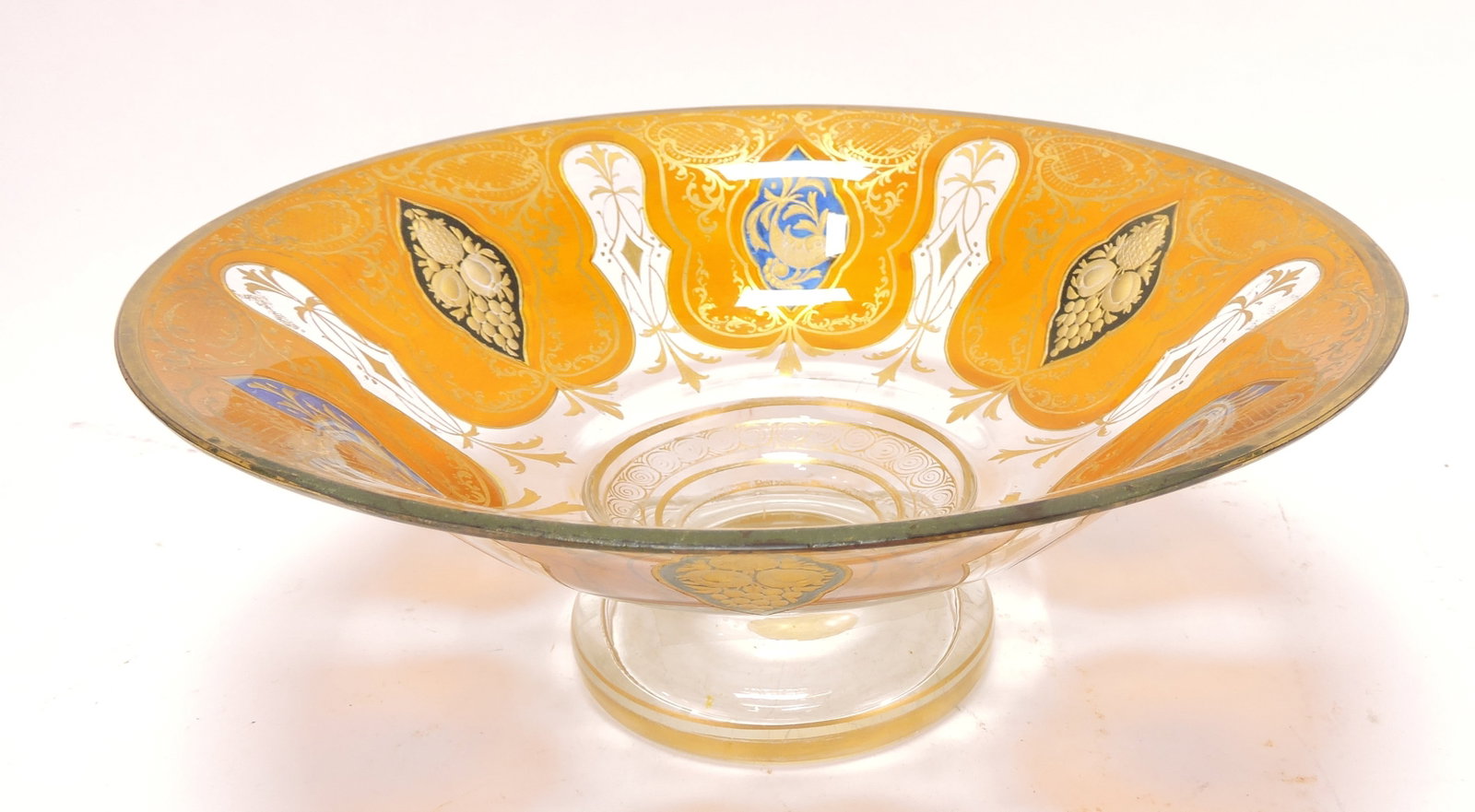 Bohemian amber glass comport with: gold enamel decor, 3 1/2"h, 9"d