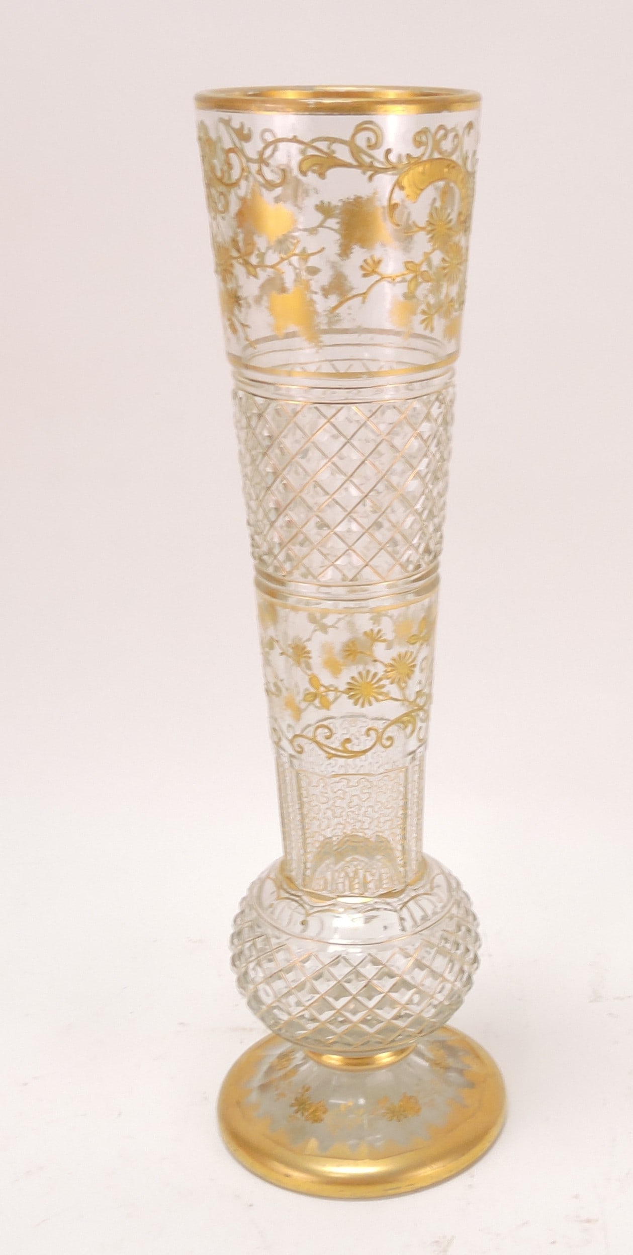 Moser 12" clear vase with gold decor: .