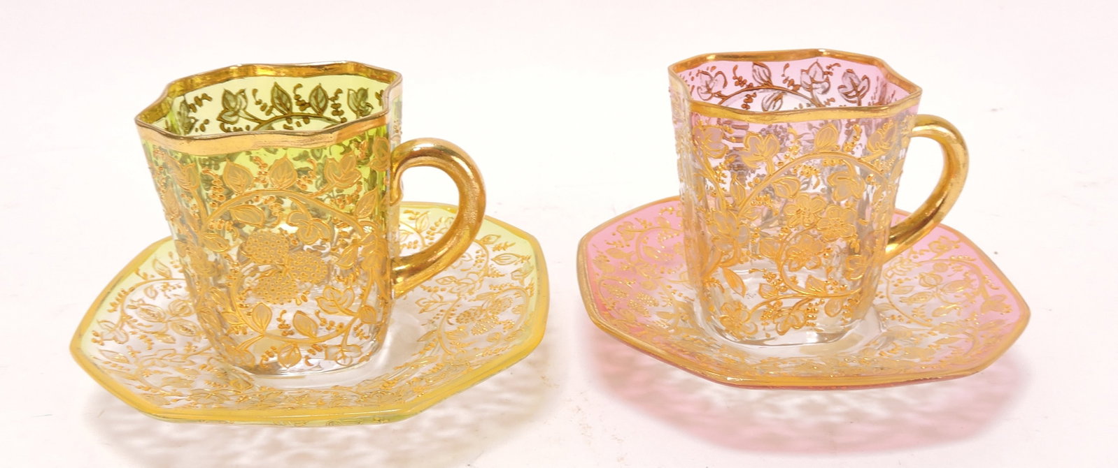 Moser lot of 2 enameled cups and: saucers
