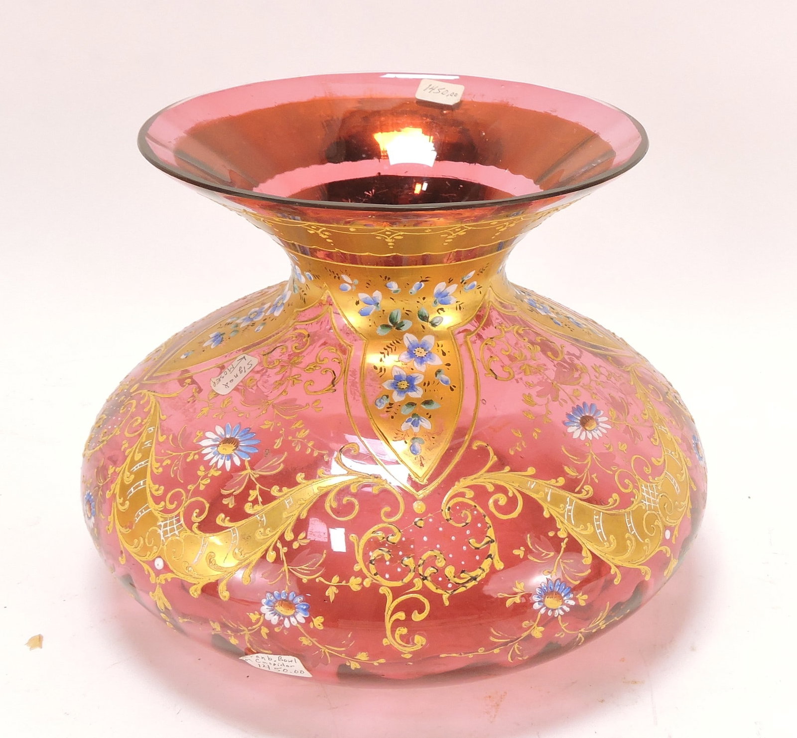Moser cranberry vase with heavy: enamel and gold, 6 1/2"