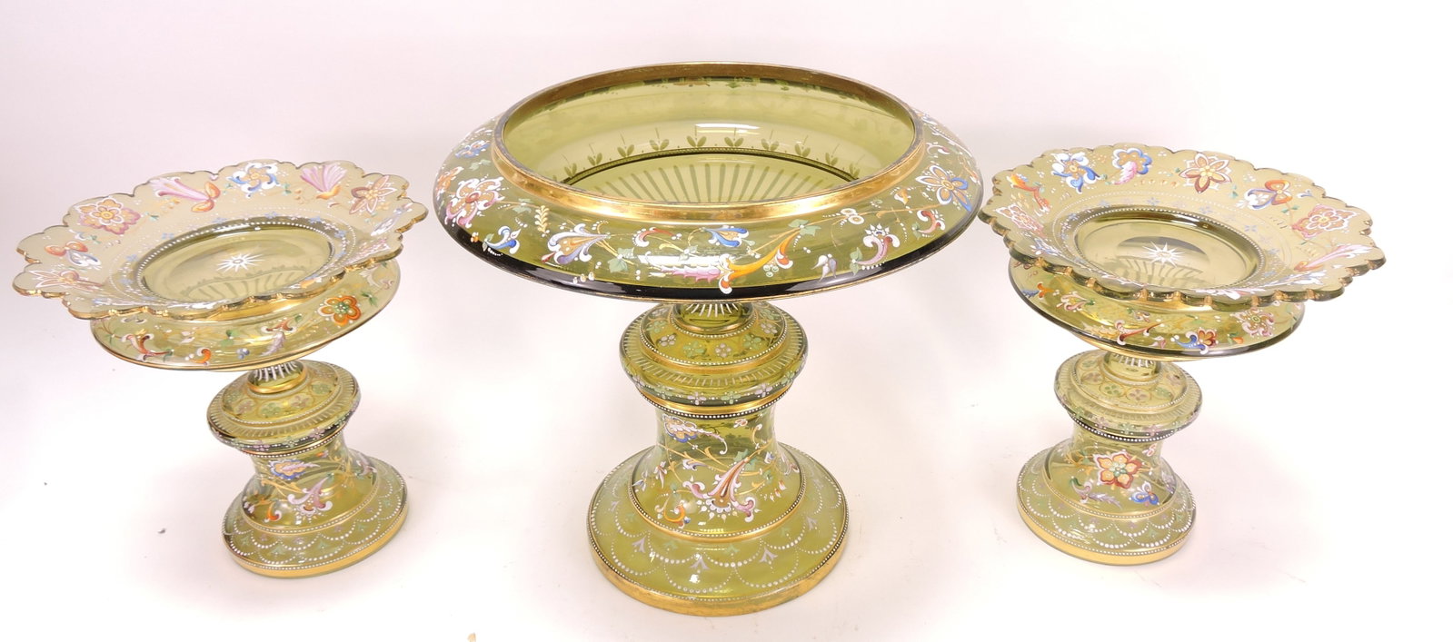 Moser 3 piece garniture set,: 10"x10 1/2" center and 8"x8" side pieces