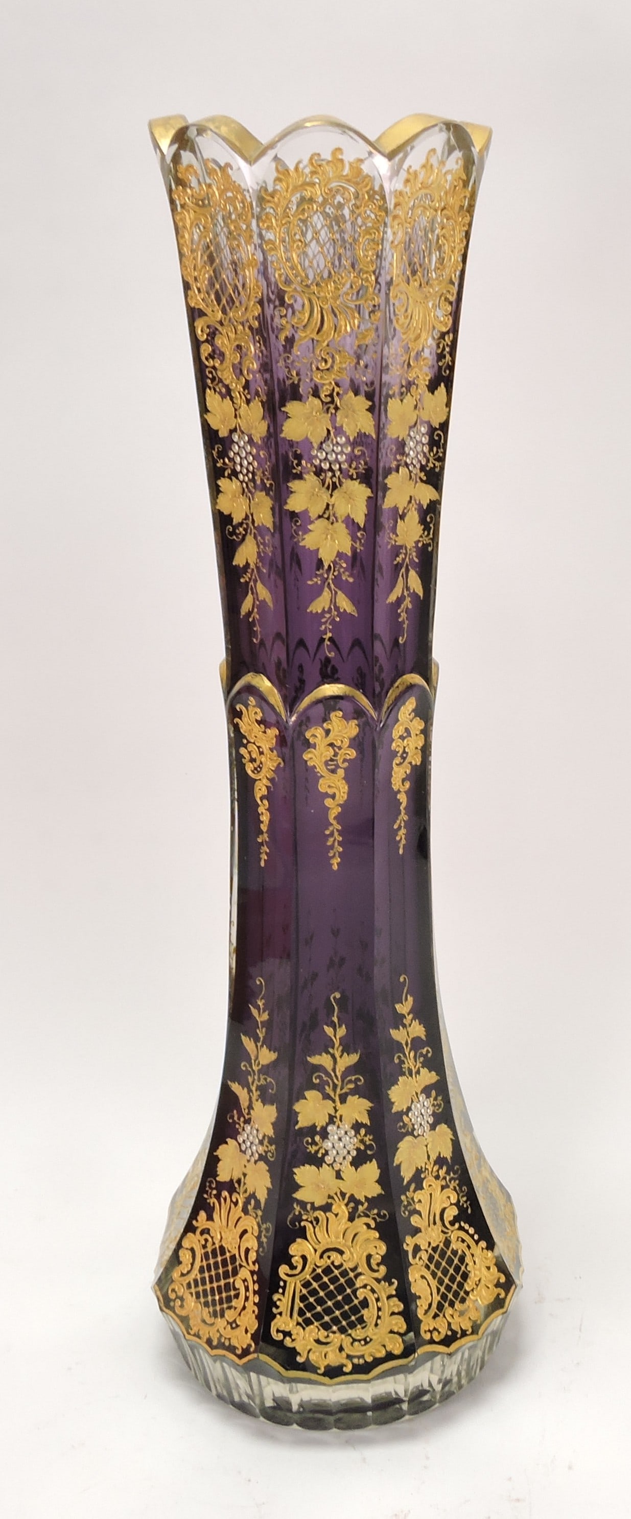 Monumental Moser amethyst vase: with heavy gold decor, 18 1/2"