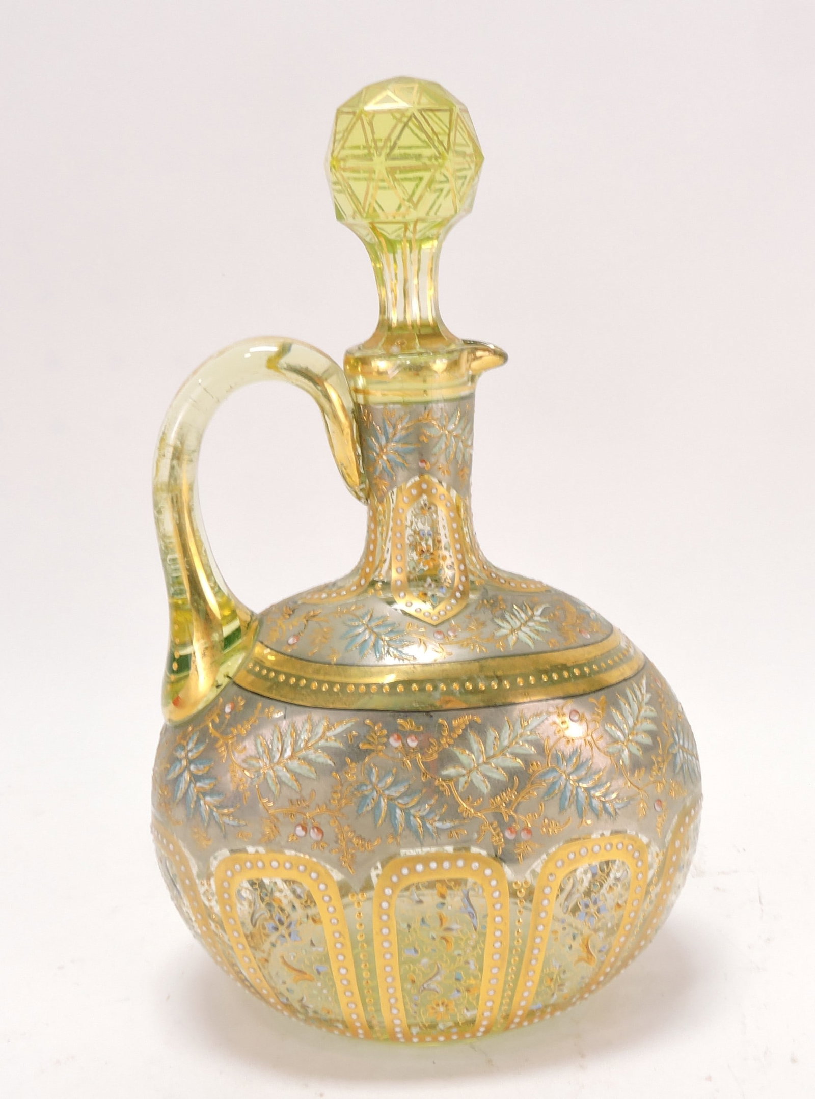 Moser green enameled decanter,: 10"