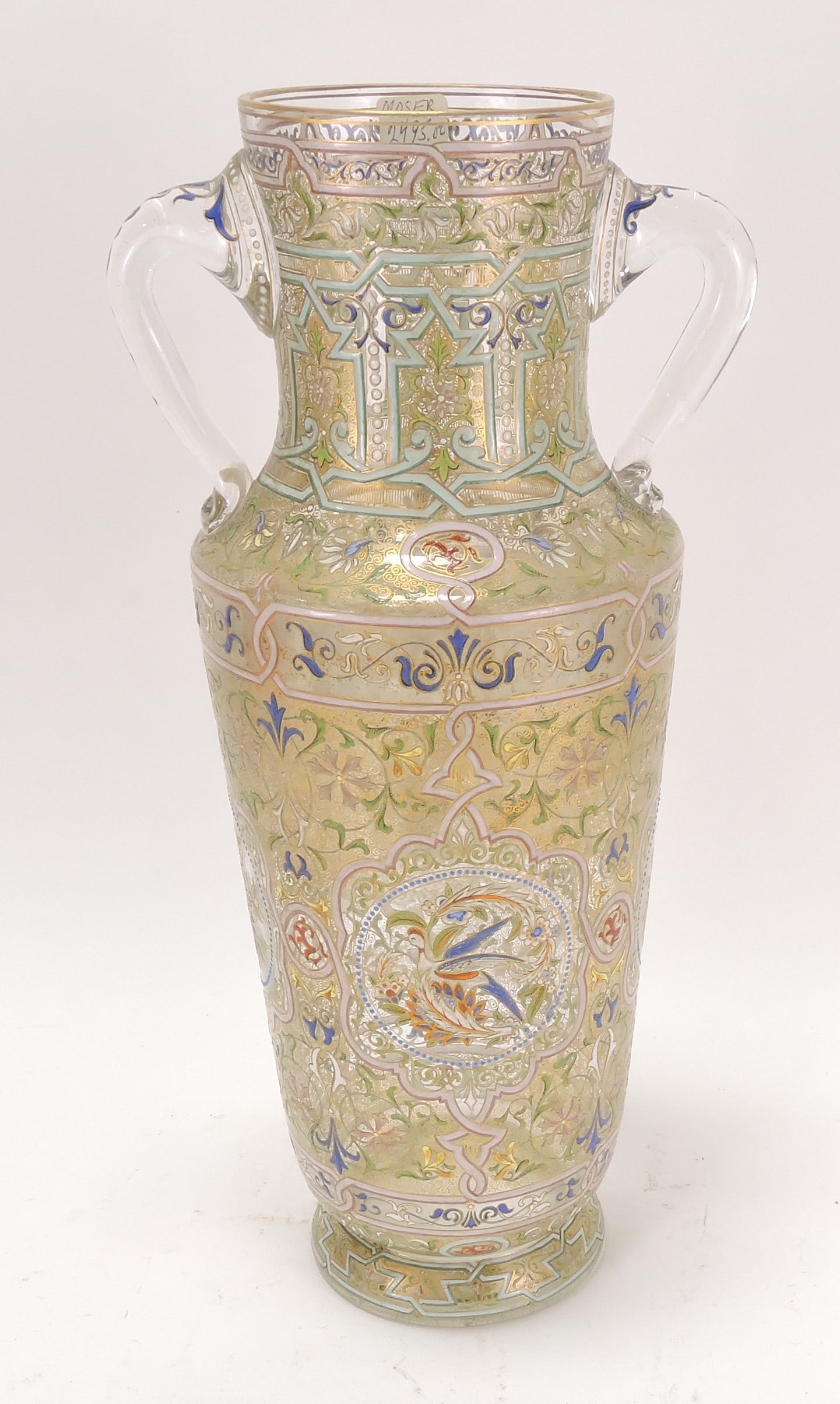 Moser clear heavy enameled vase,: 13 1/2"