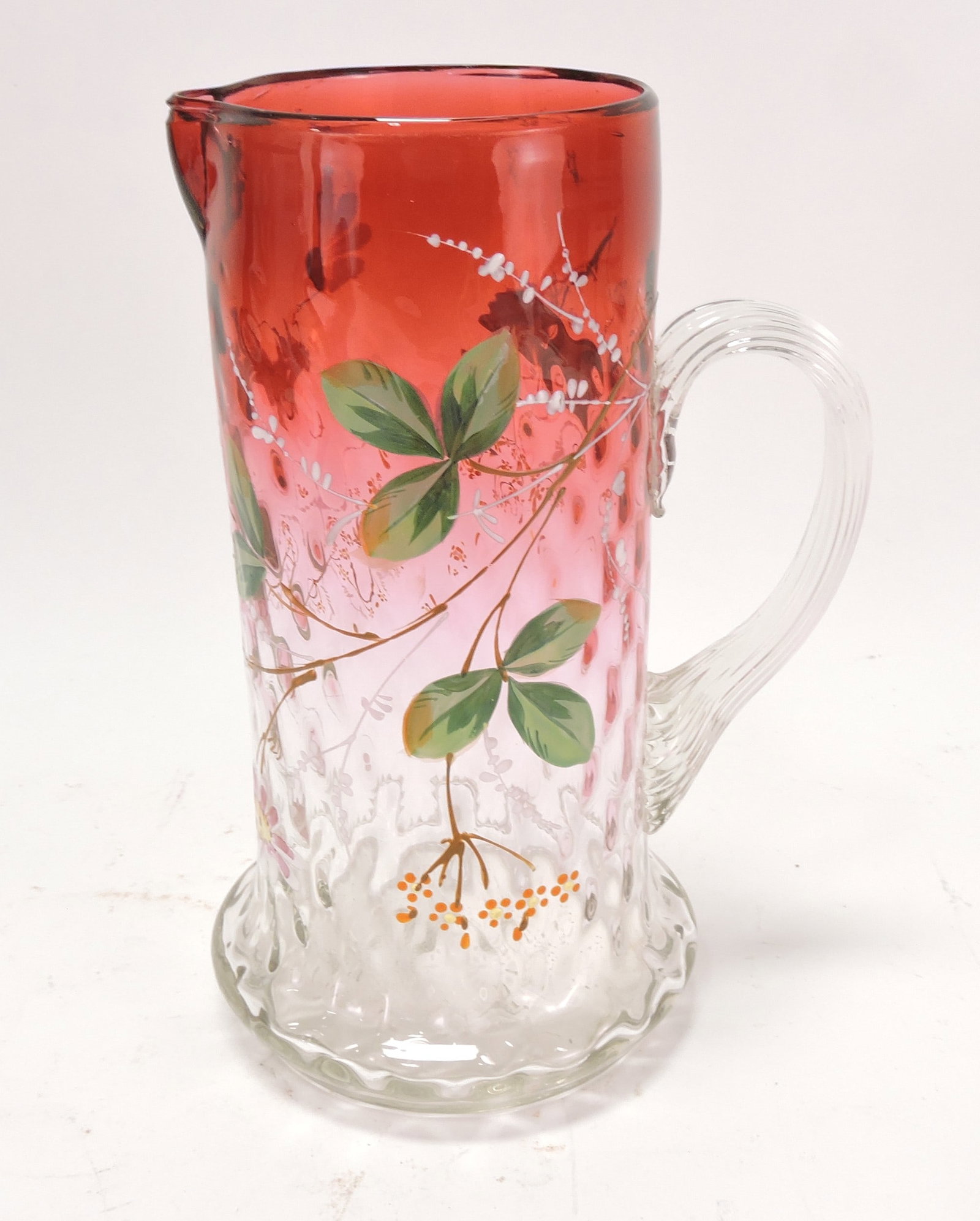 Rubina pitcher with floral enamel, 8": .