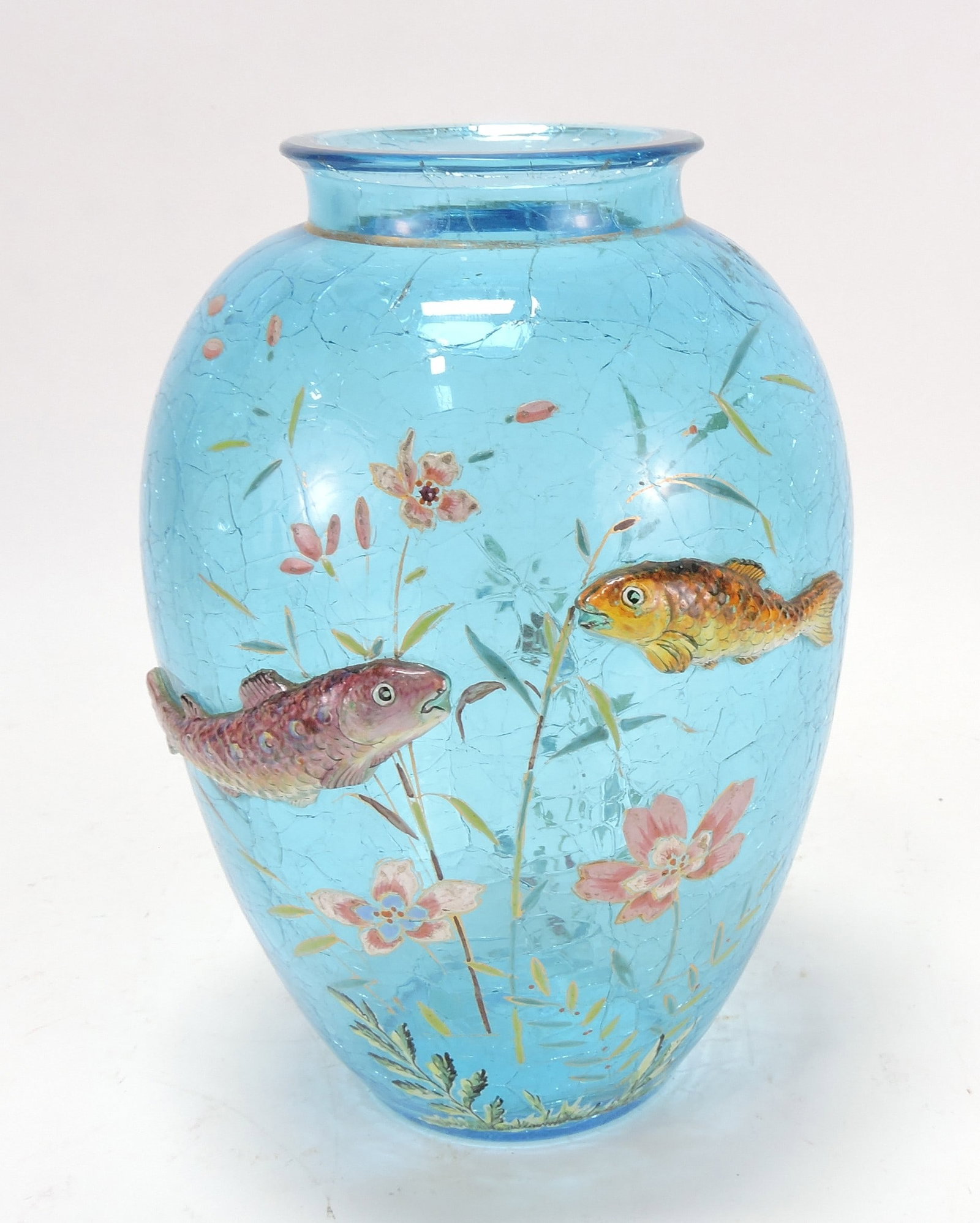 Moser sapphire blue crackle glass vase: with applied fish and floral enamel, 8"