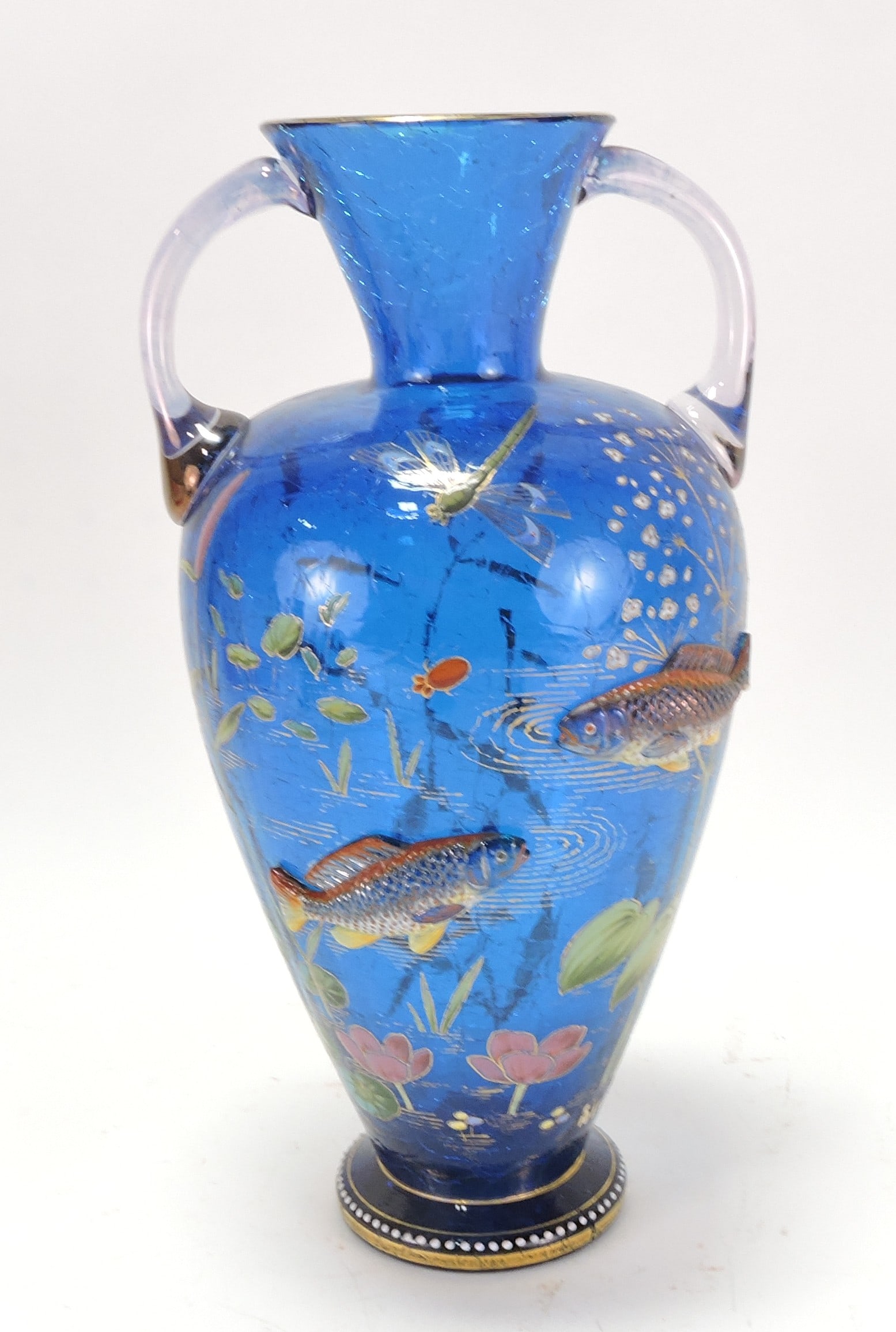 Moser sapphire blue crackle glass vase: with applied fish and enameled dragonfly and underwater foliage, 12"