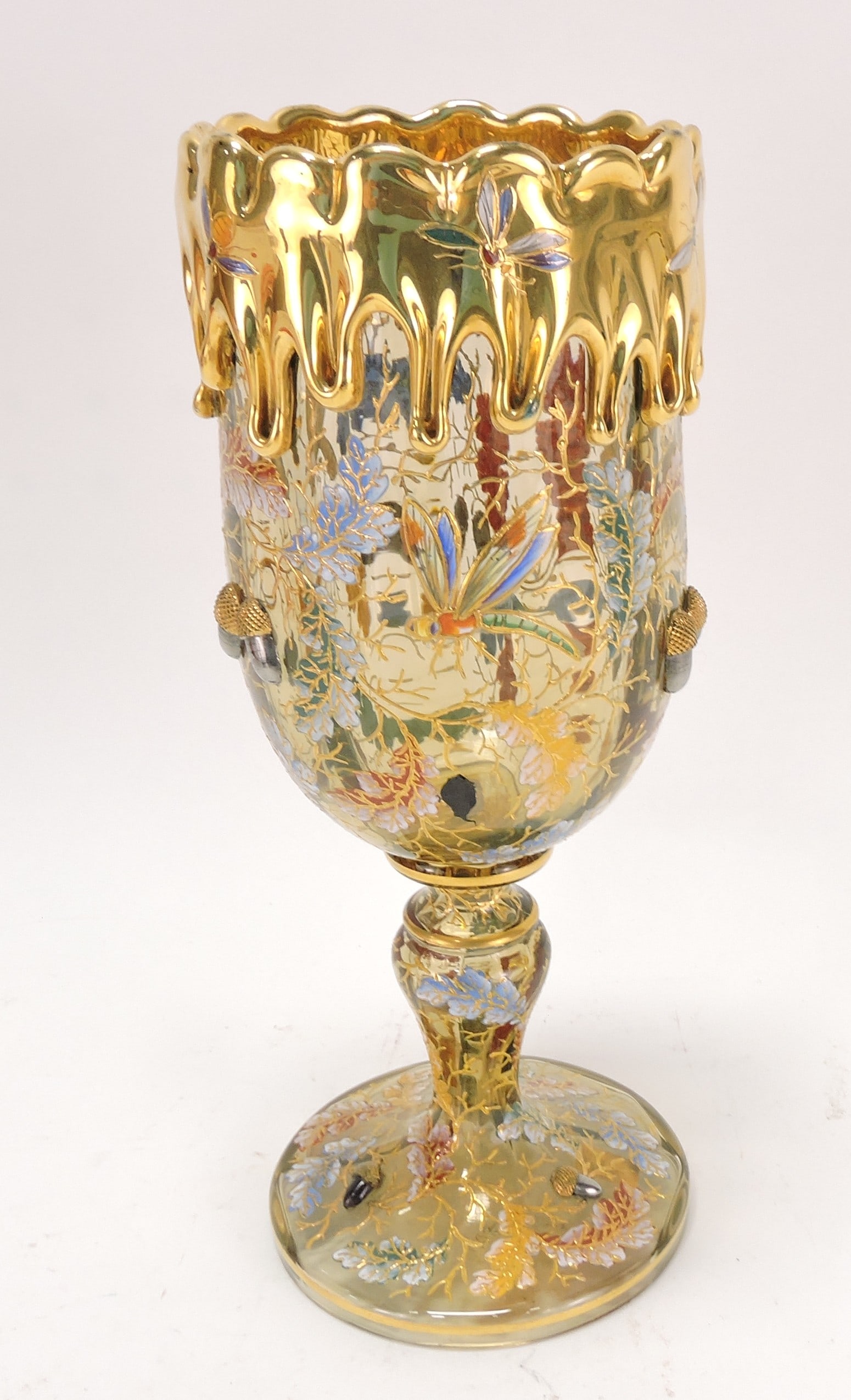 Moser vase with applied silver acorns,: enameled dragonfly, bee, fly, and oak leaves, heavy gold top, 10"
