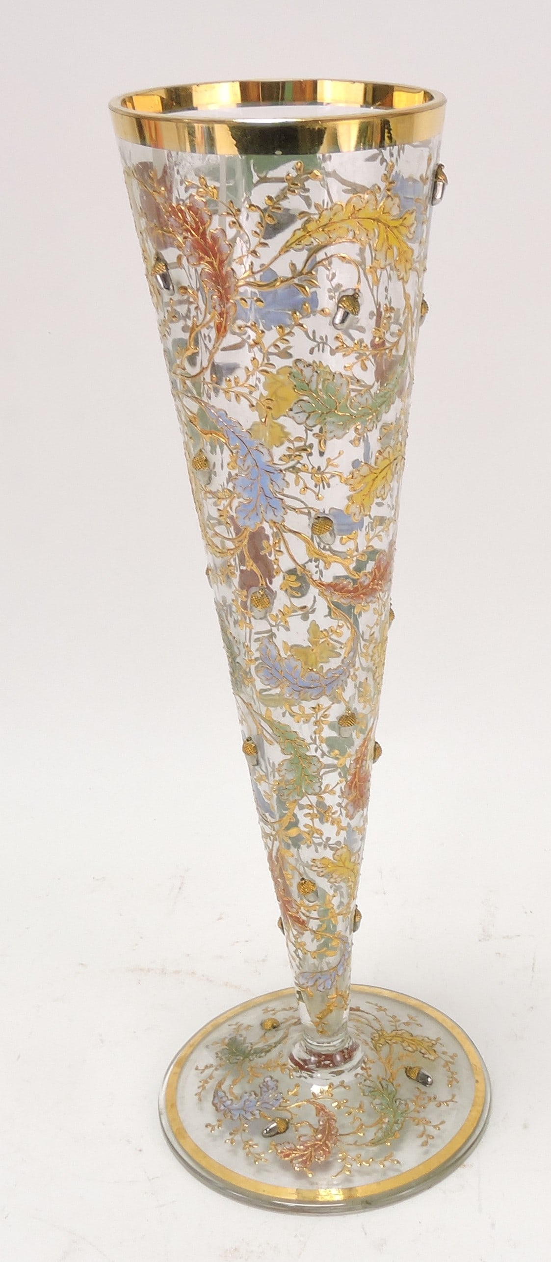Moser trumpet vase with enameled: oak leaves and applied silver/gold acorns, 12"