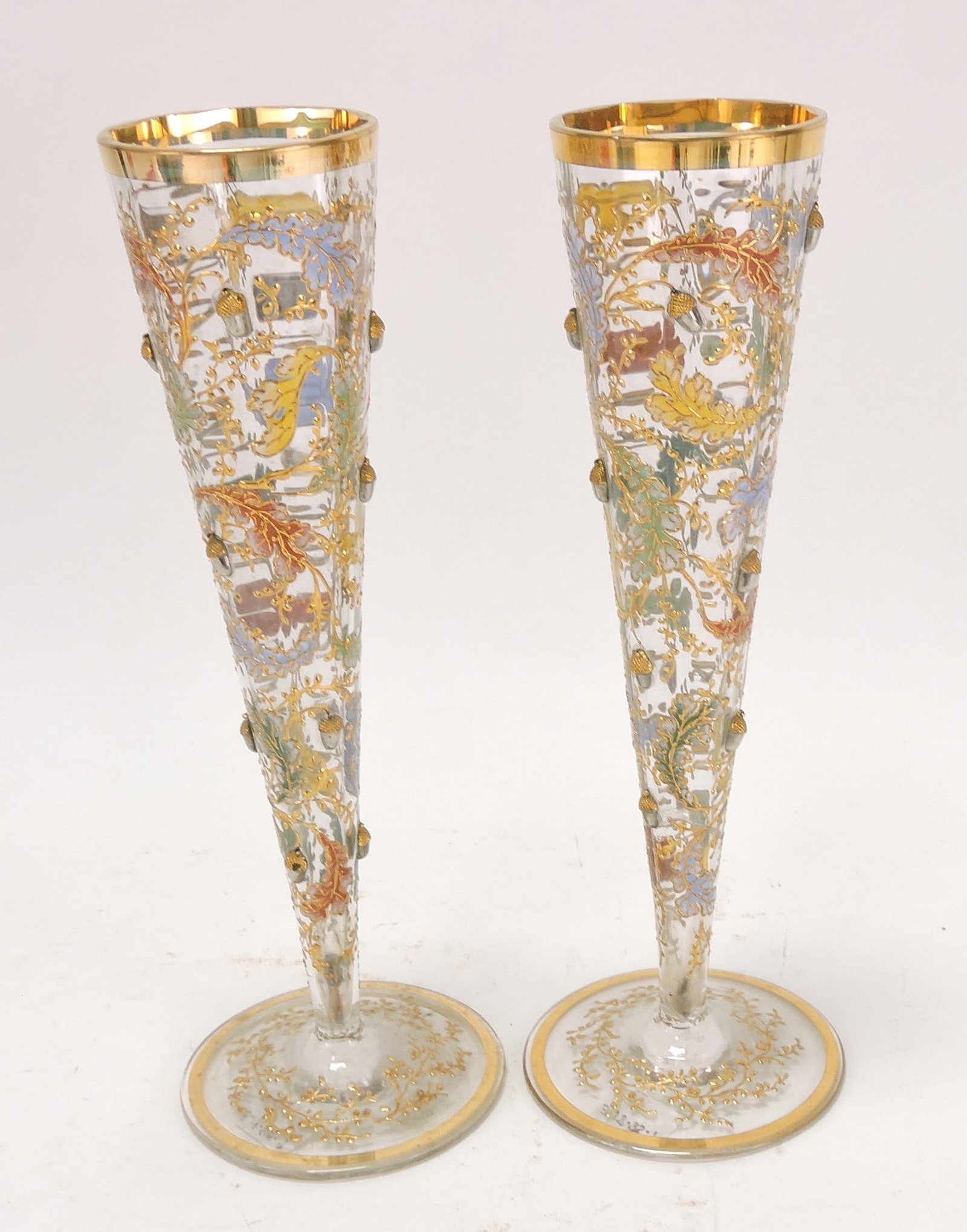 Moser pair of trumpet vase with enameled: oak leaves and applied silver/gold acorns, 8 1/2"