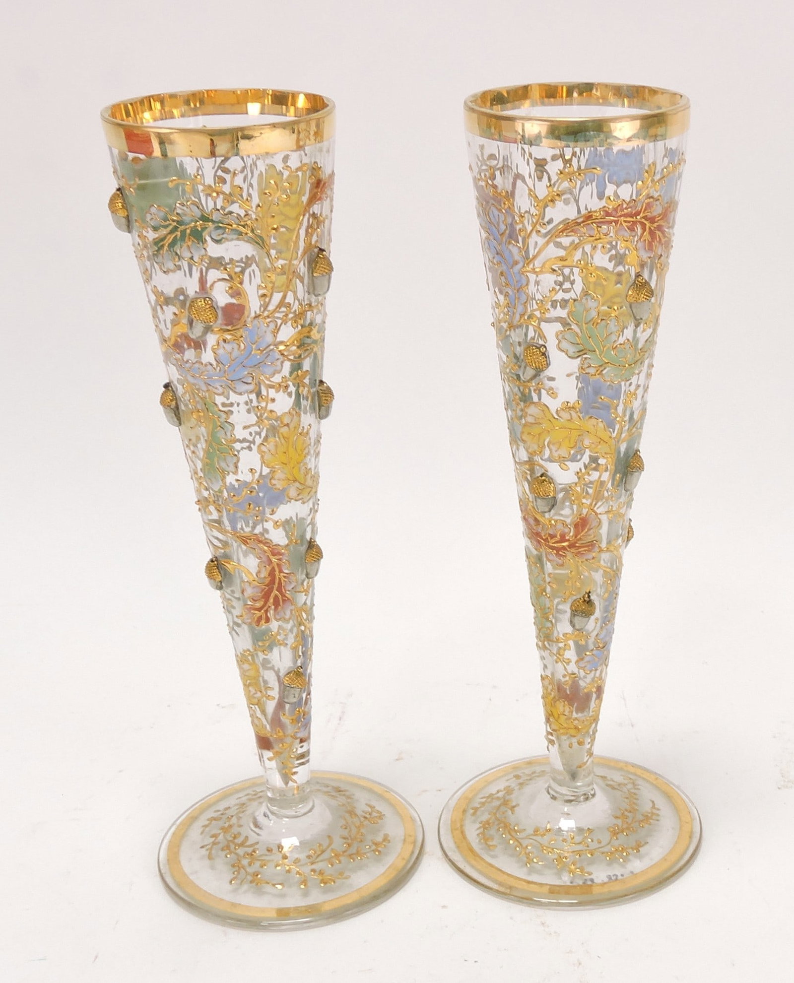Moser pair of trumpet vase with enameled: oak leaves and applied silver/gold acorns, 6 1/2"
