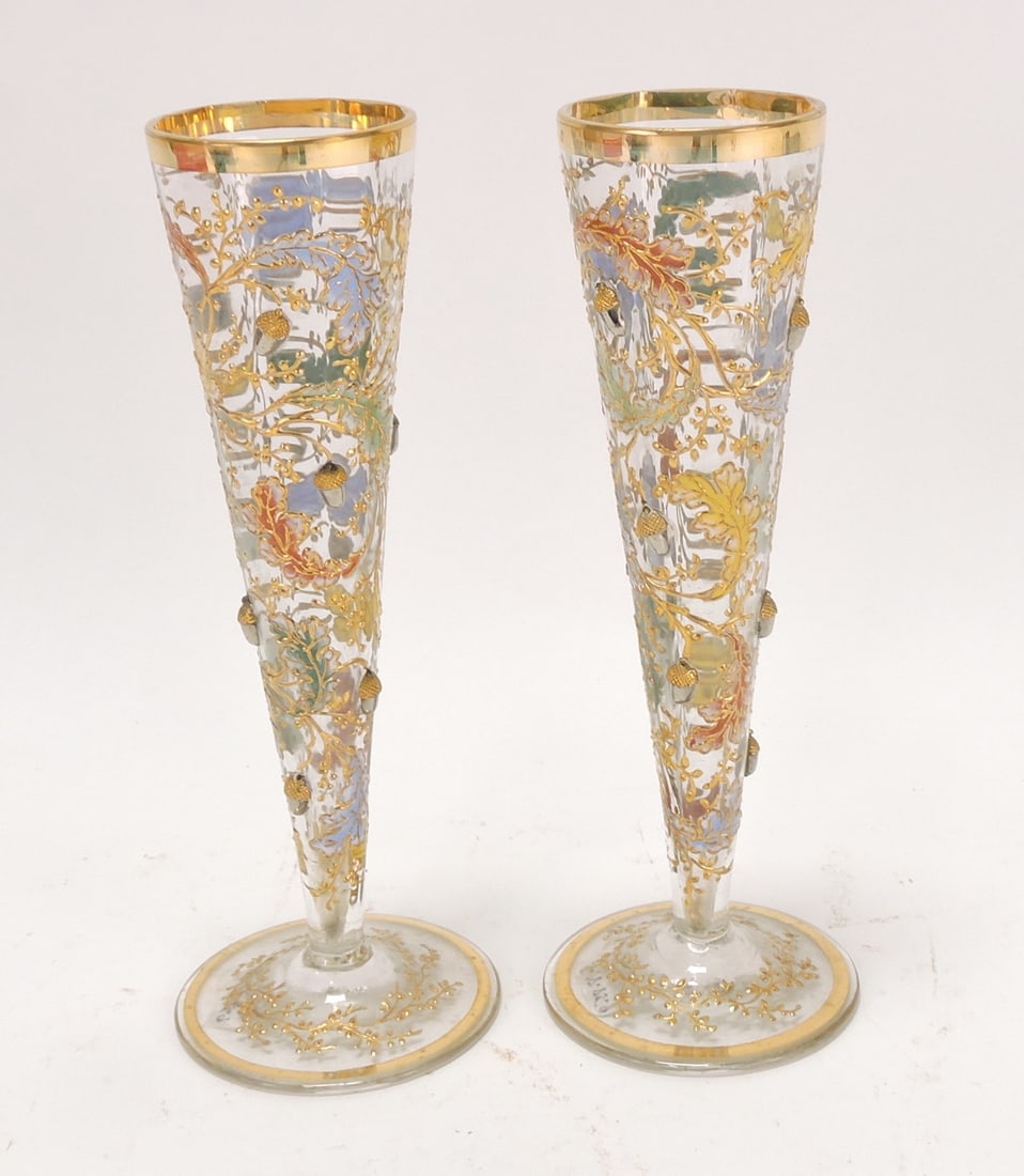 Moser pair of trumpet vase with enameled: oak leaves and applied silver/gold acorns, 6 1/2"