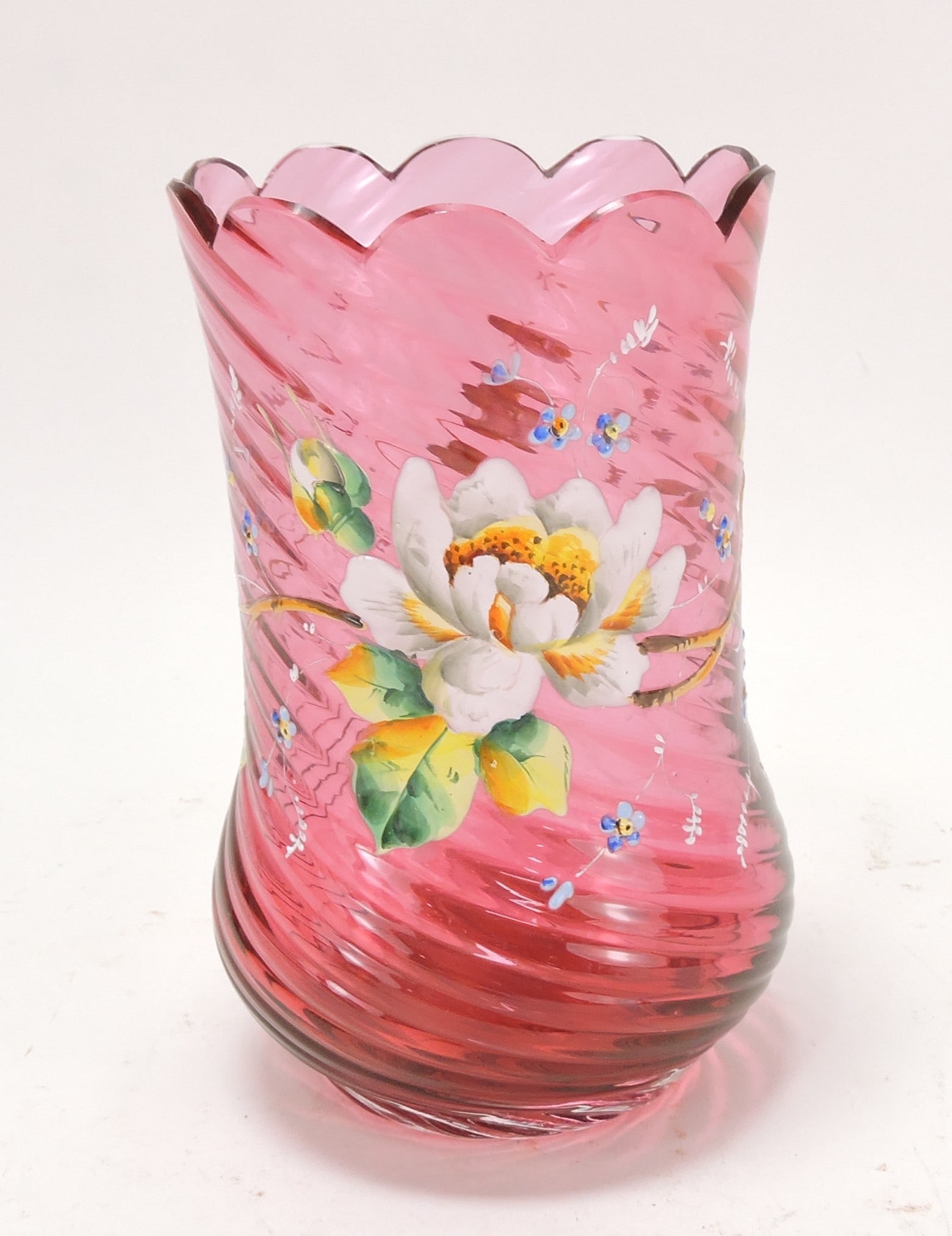 Cranberry swirl floral enameled vase,: 6"