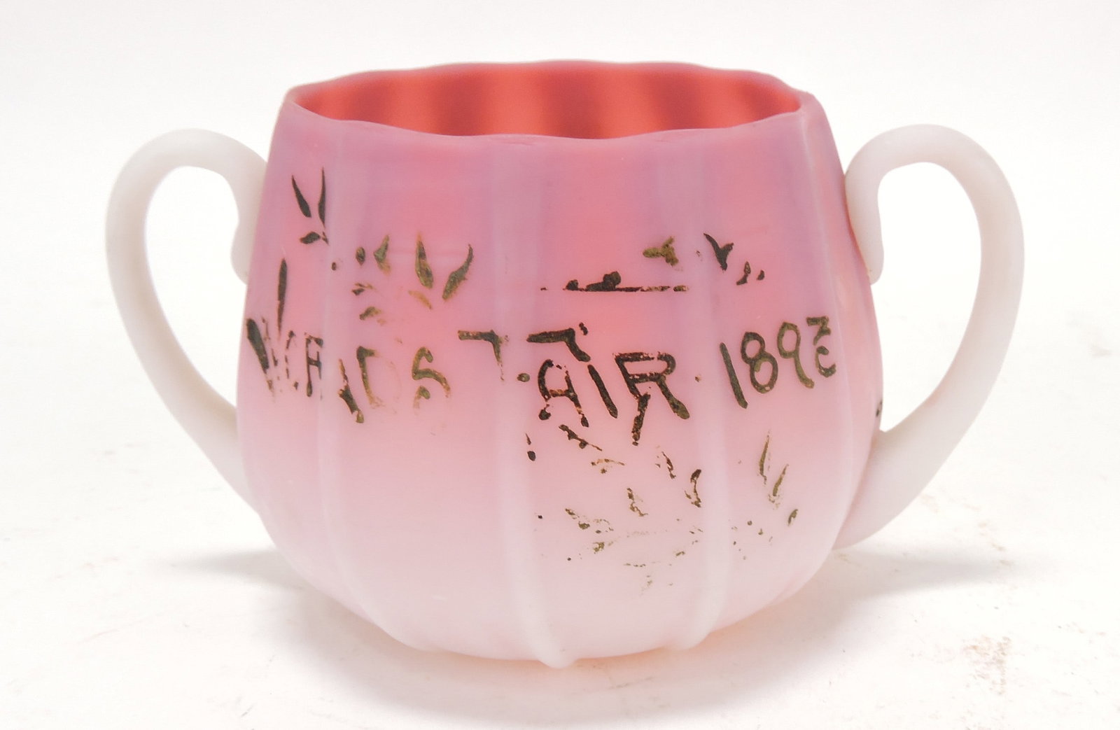 Satin peachblow art glass sugar, (1 of 2)
