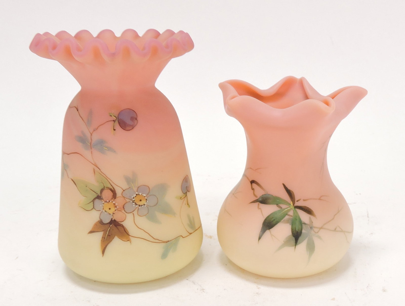 Mt. Washington Burmese vases,: 4" and 3 1/2"