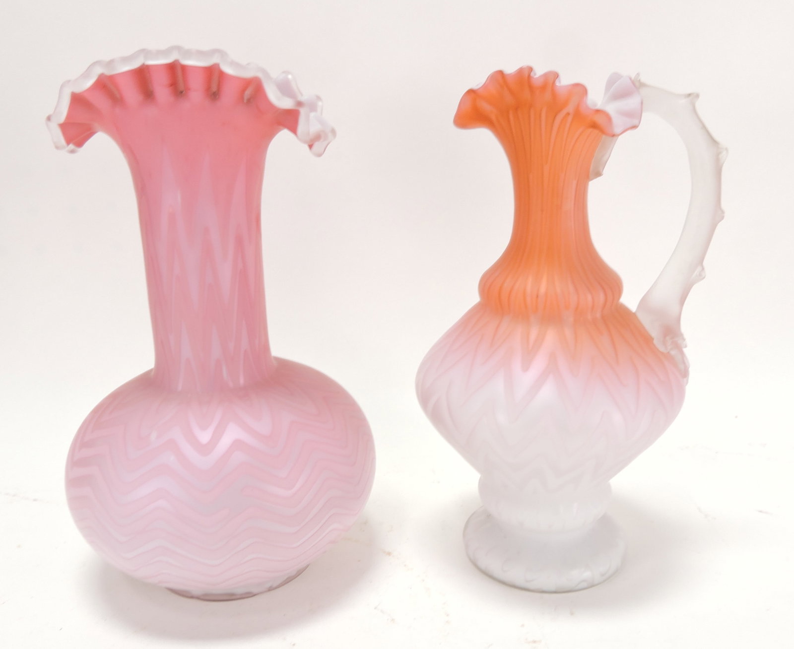 MOP pink satin herringbone vase and: ewer, 9 1/2"