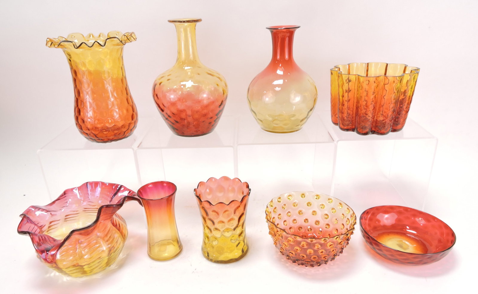 Amberina lot of 9 pieces, one with chip: .