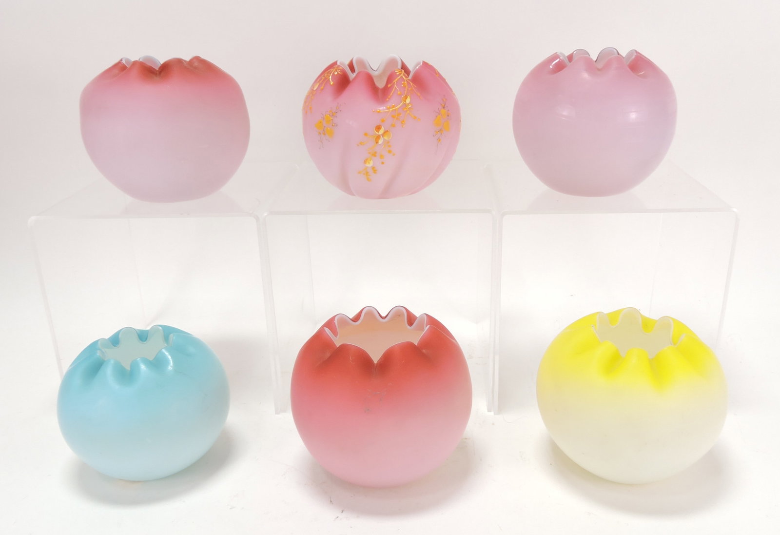 Satin glass lot of 6 rose bowls, 4": .