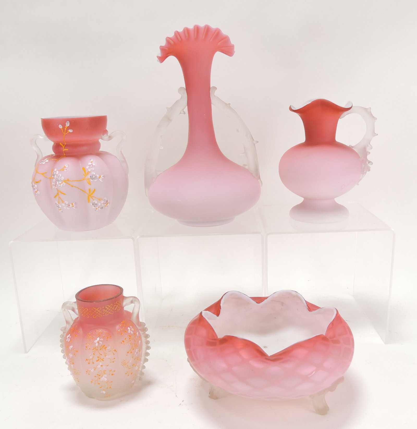 Pink satin glass lot of 5 pieces,: 4 1/2" to 9 1/2"