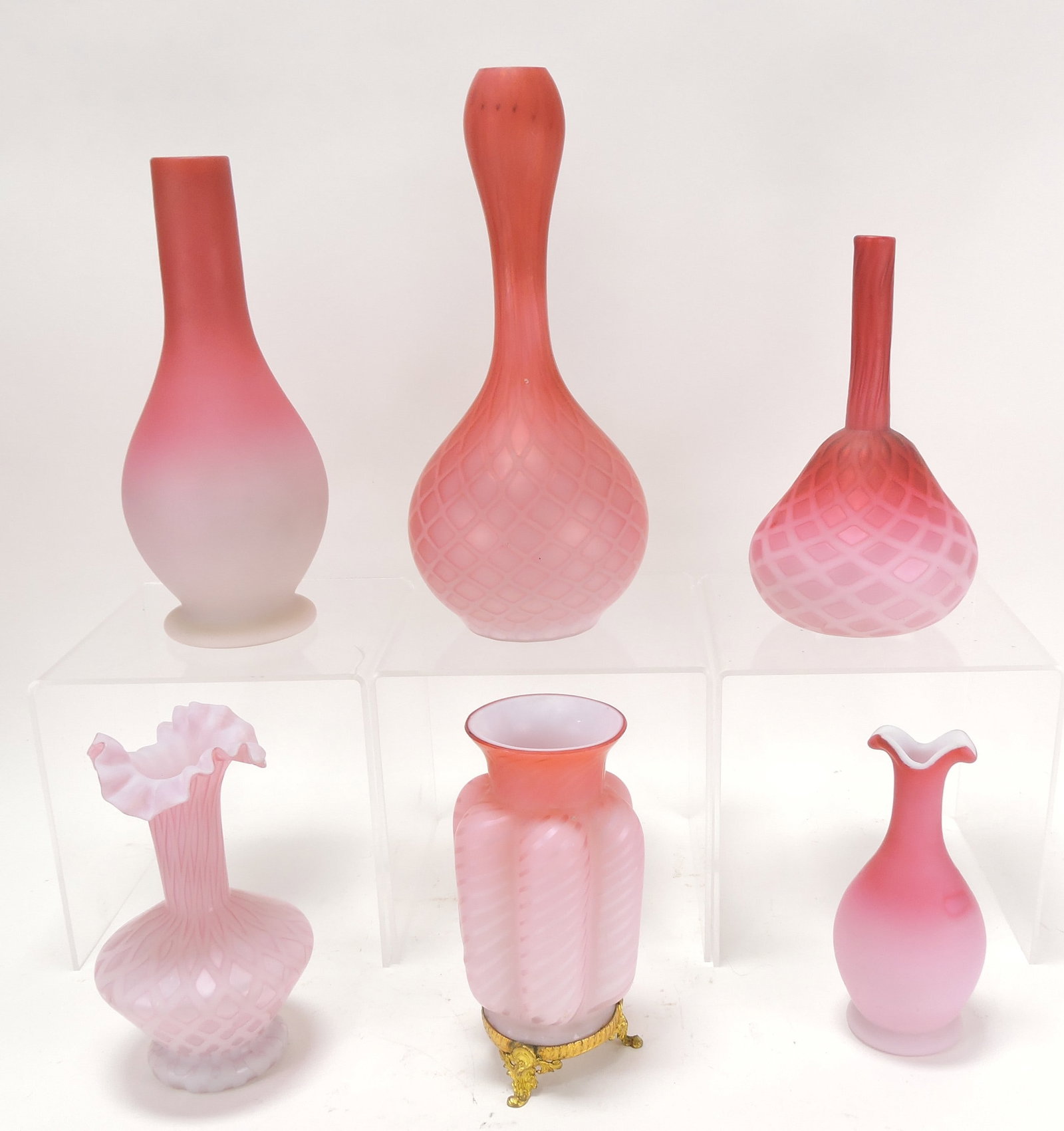 Pink satin glass lot of 6 vases,: 5 1/2" to 10"