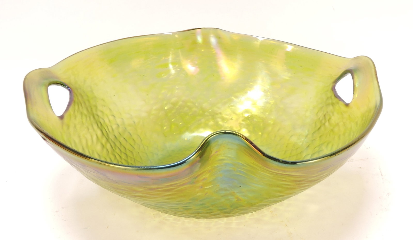 Loetz green iridescent art glass bowl,: 8"d, #1246