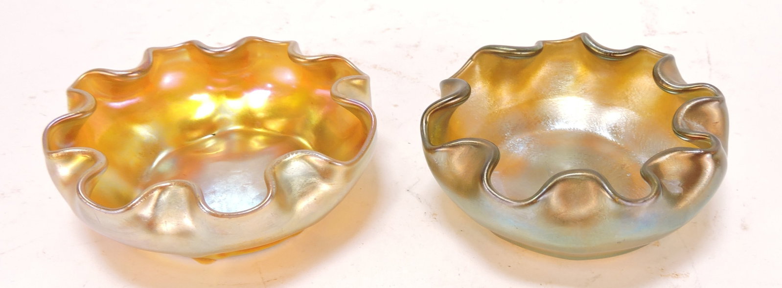 Tiffany lot of 2 gold iridescent salts,: 3"