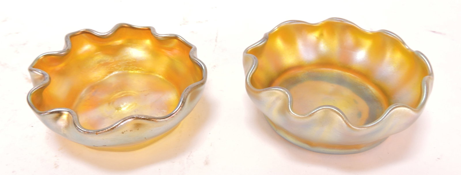 Tiffany lot of 2 gold iridescent salts,: 2 3/4"