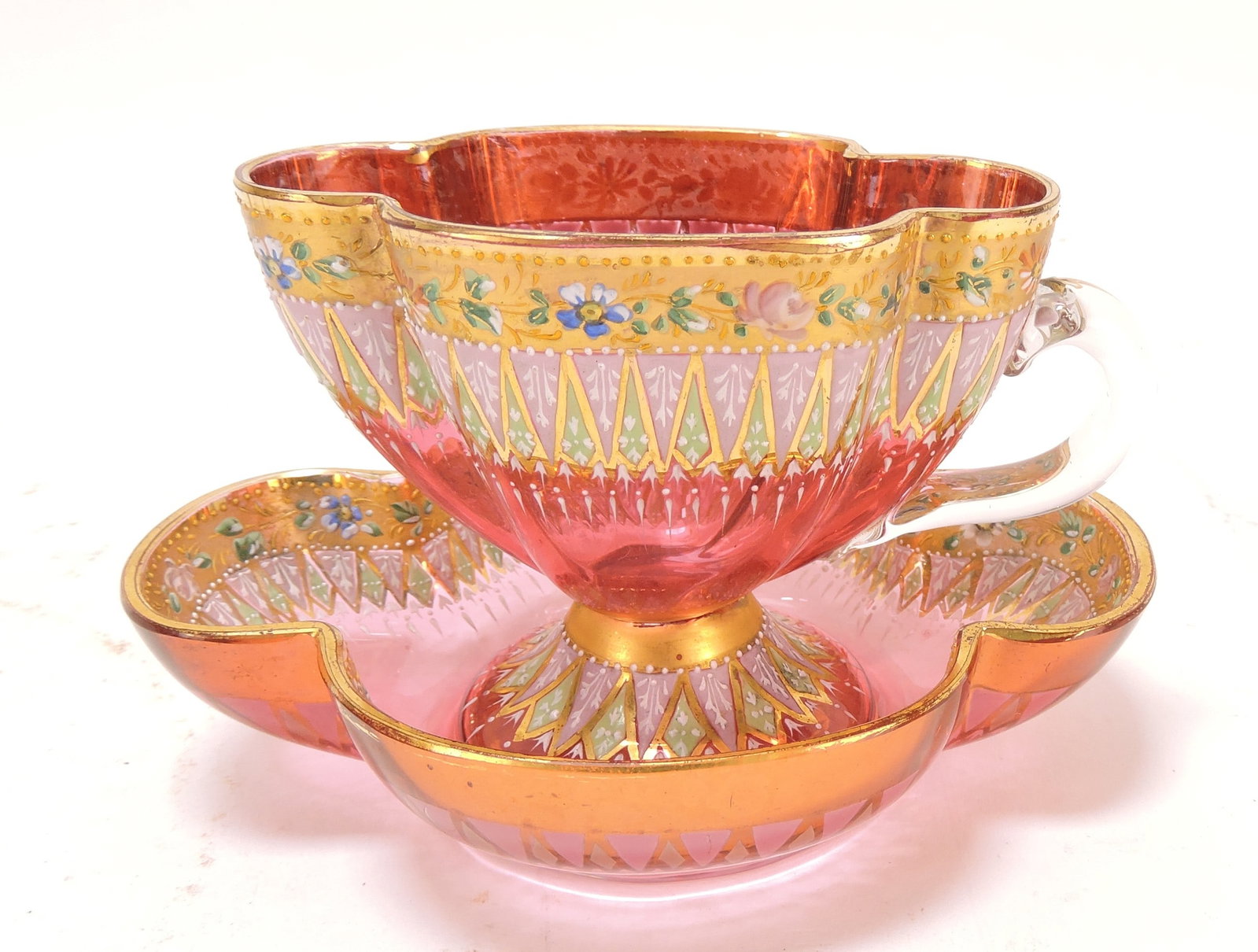 Mosier cranberry enameled cup &: saucer